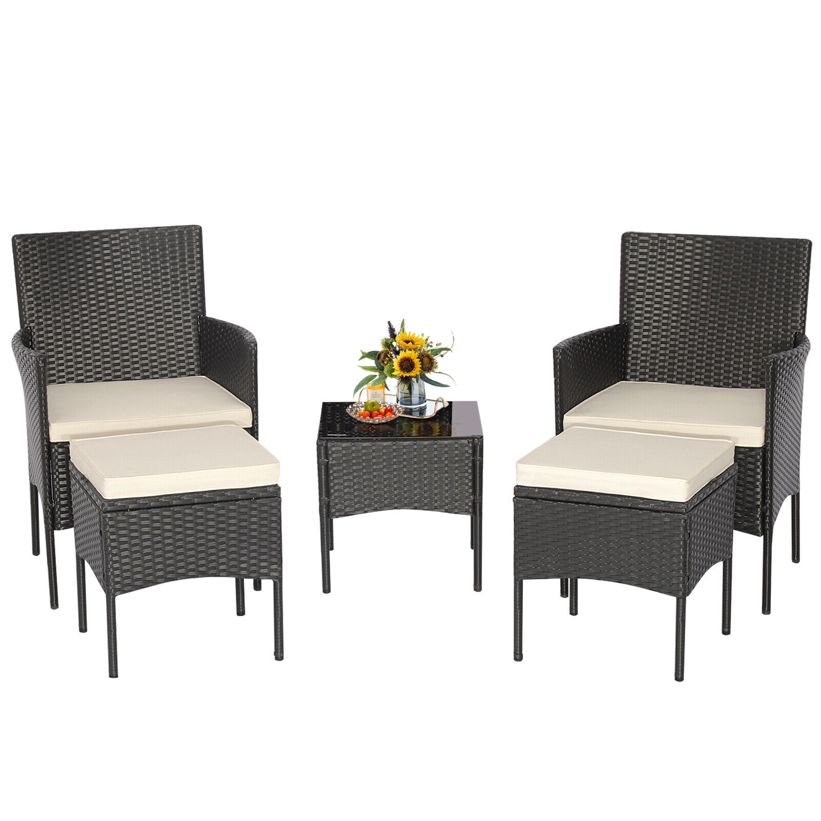 SUGIFT 5 Pieces Outdoor Wicker Sofa Set with Coffee Table and 2 Ottomans