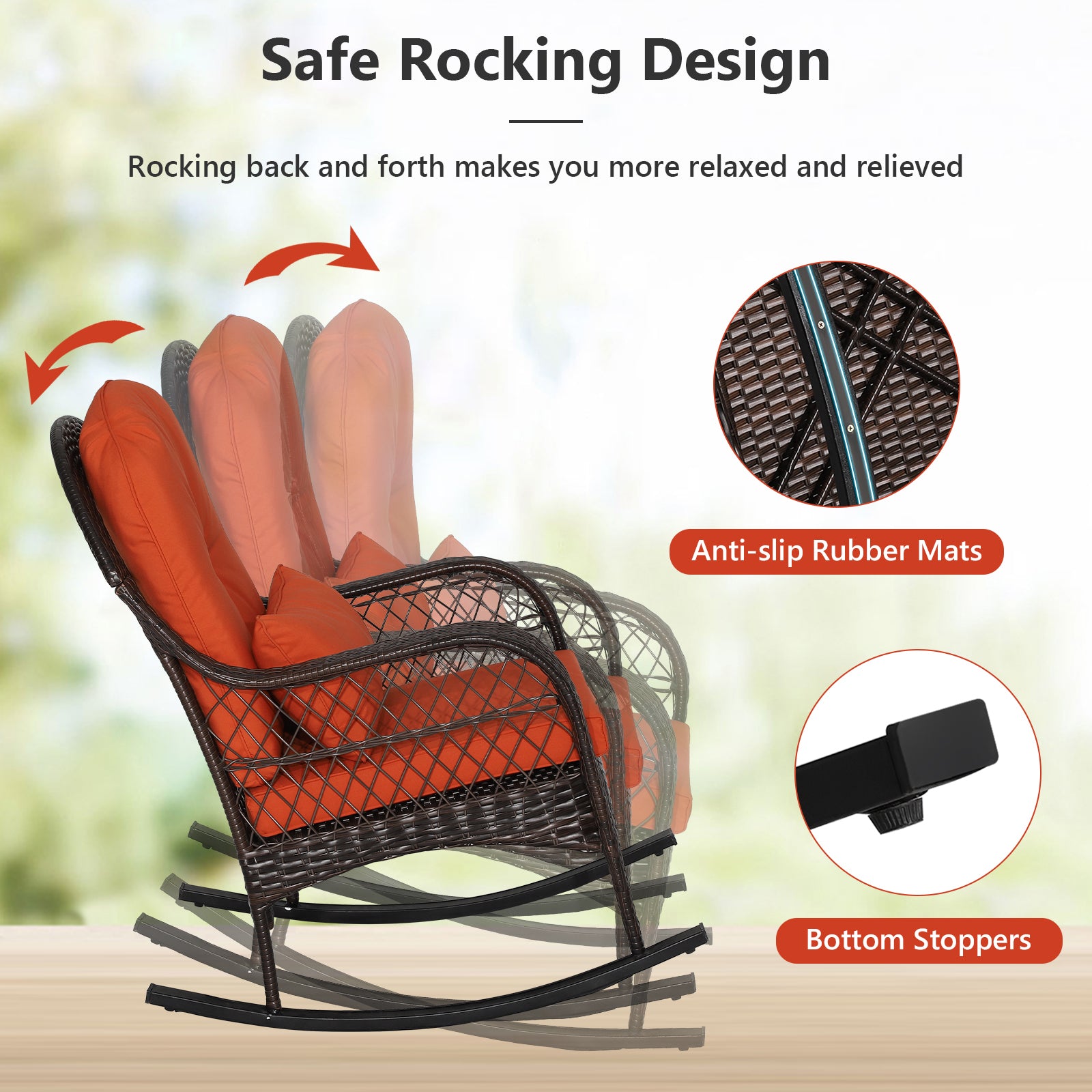 SUGIFT Patio Rattan Rocking Chair with Seat Back Cushions and Waist Pillow