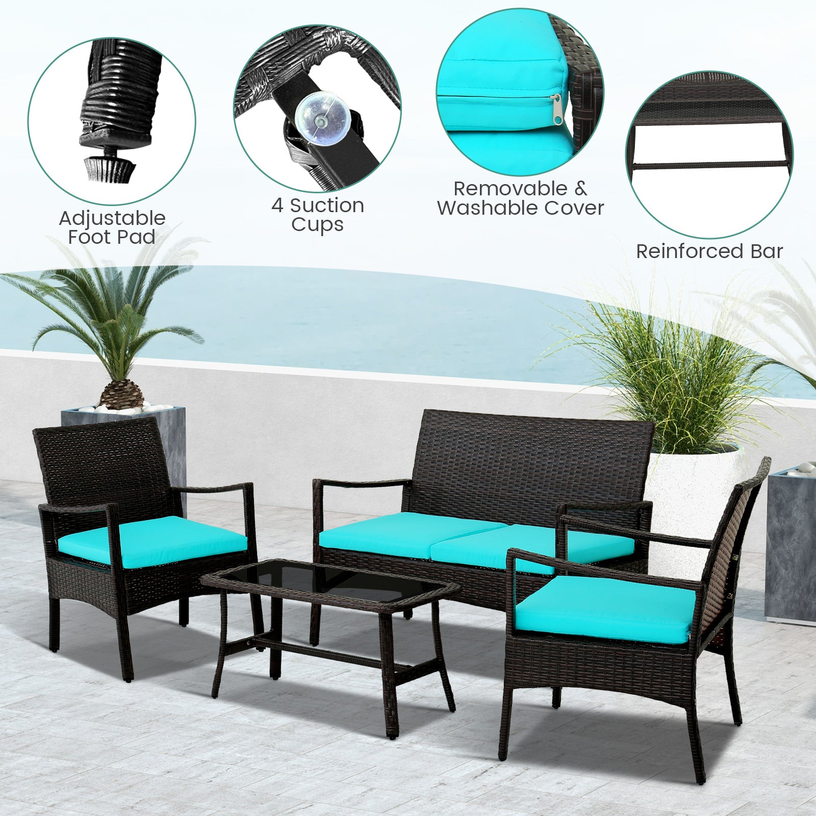 SUGIFT 4 Pieces Rattan Conversation Set with Tempered Glass Coffee Table