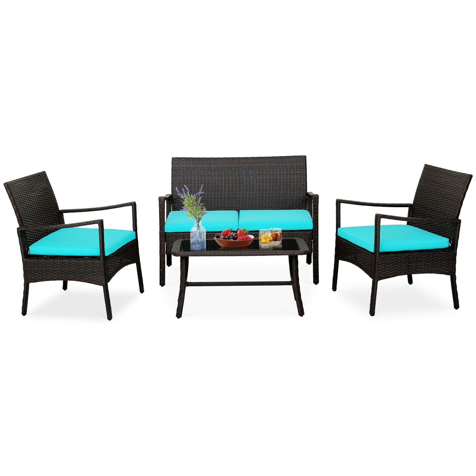 SUGIFT 4 Pieces Rattan Conversation Set with Tempered Glass Coffee Table