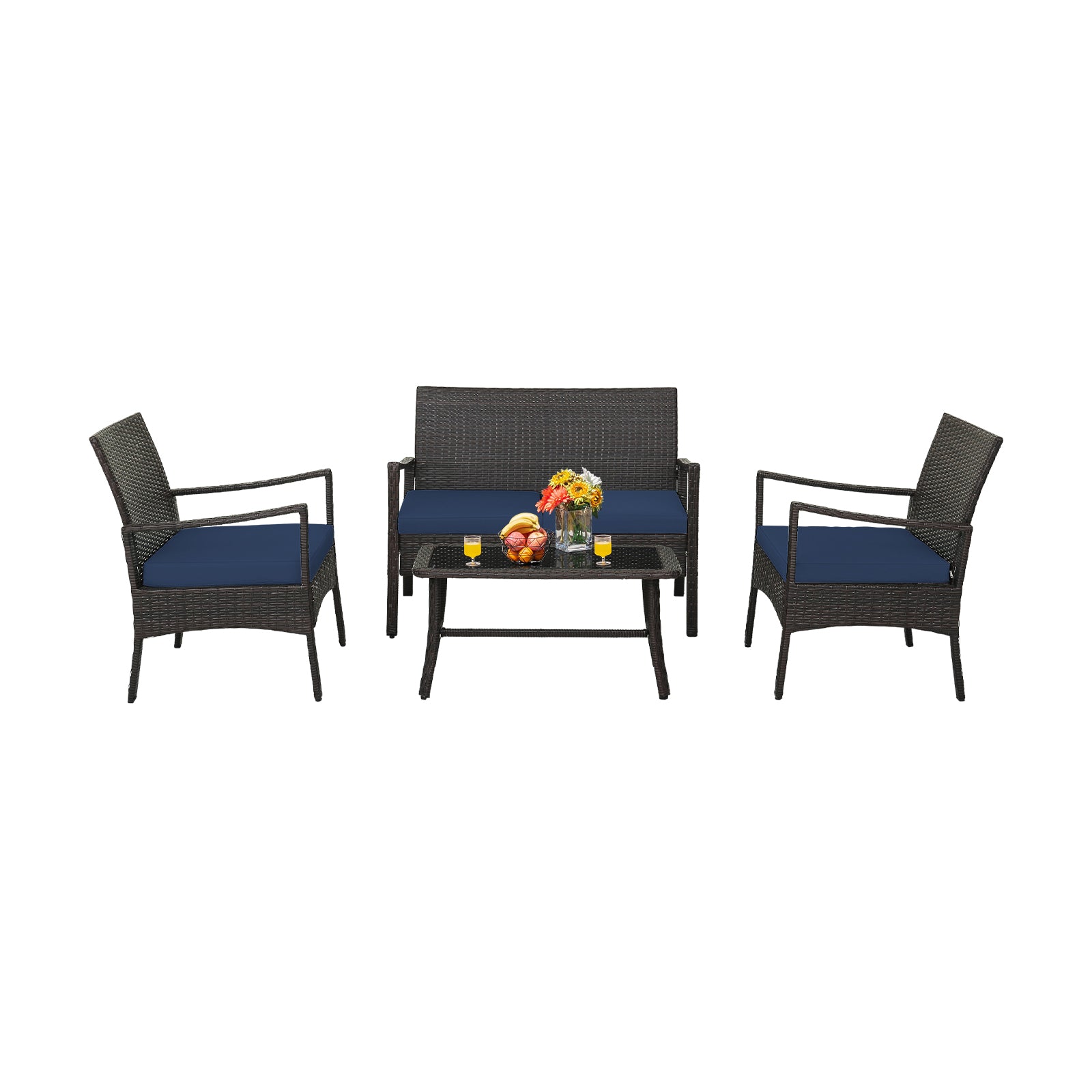 SUGIFT 4 Pieces Rattan Conversation Set with Tempered Glass Coffee Table