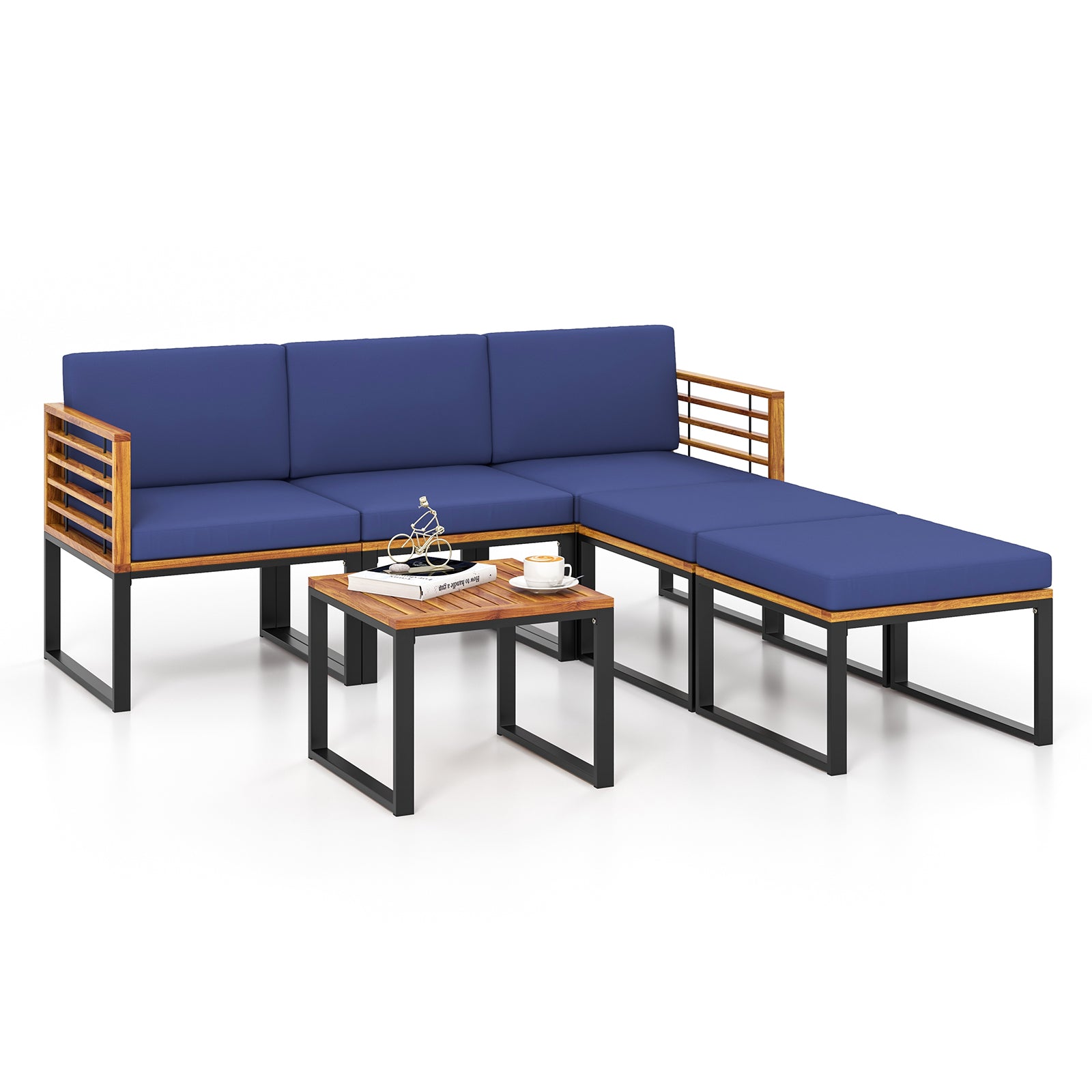 SUGIFT 6 Piece Patio Acacia Wood Conversation Sofa Set with Ottomans and Coffee Table