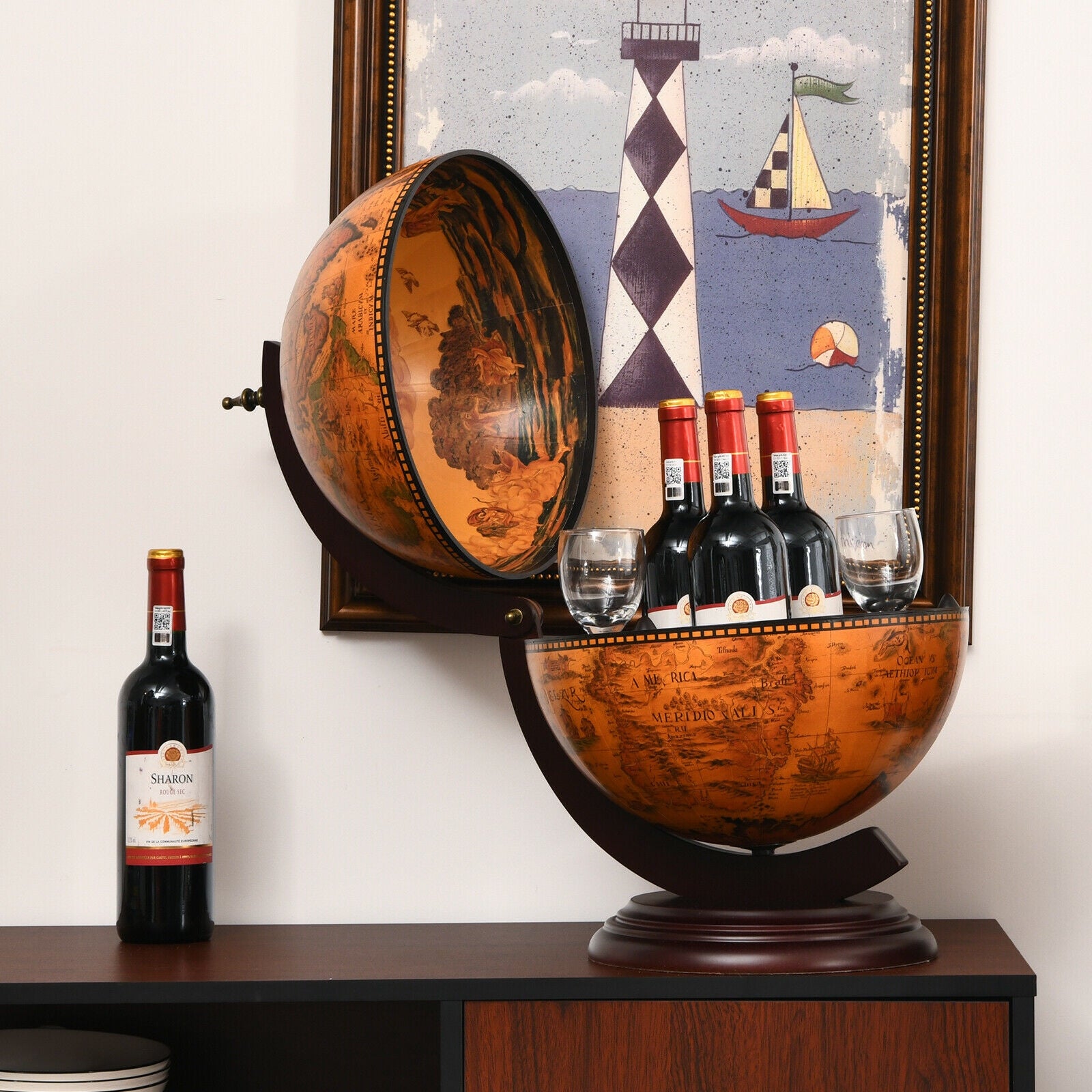 SUGIFT 19 Inch 16th Century Nautical Map Tabletop Globe Wine Cabinet