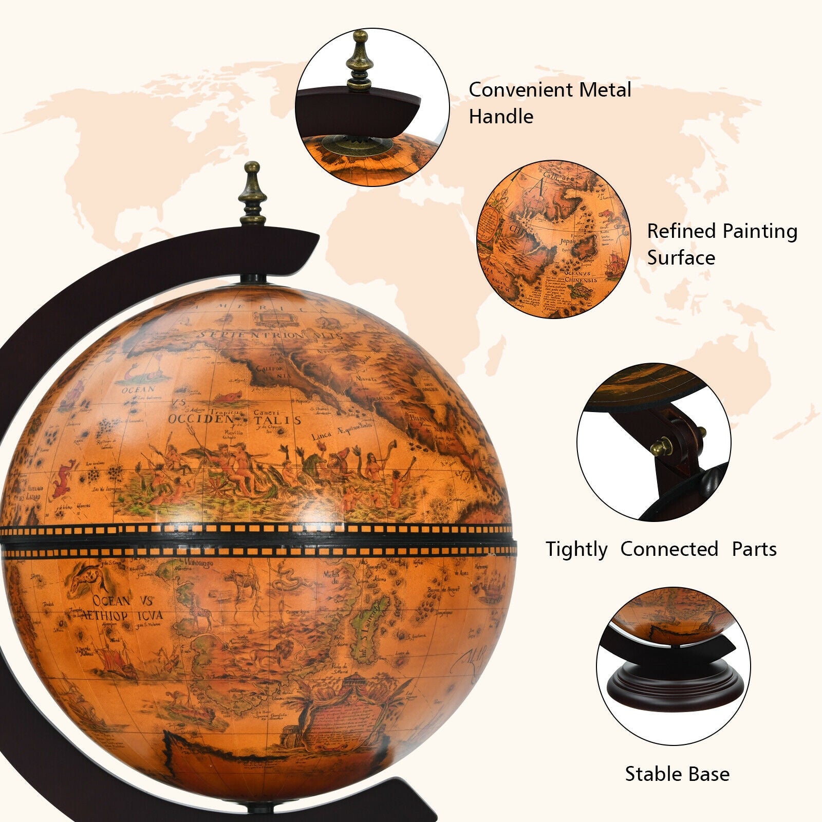 SUGIFT 19 Inch 16th Century Nautical Map Tabletop Globe Wine Cabinet