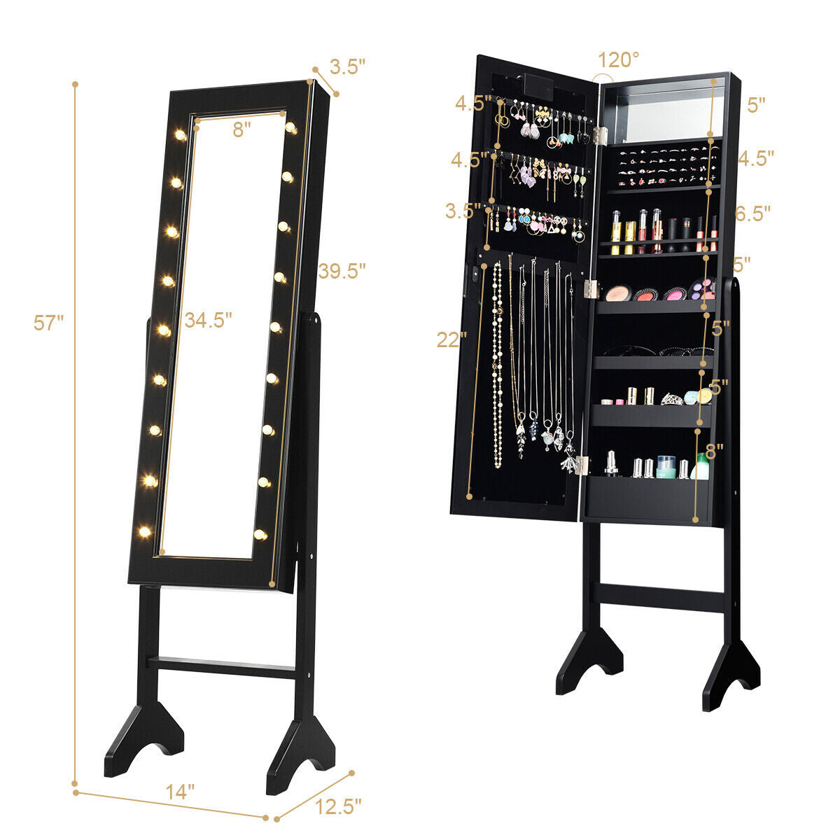 SUGIFT Mirrored Standing Jewelry Armoire Cabinet with LED Lights