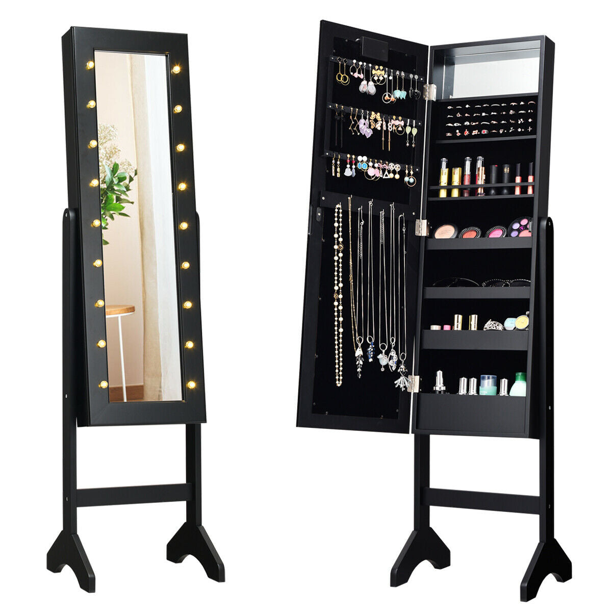 SUGIFT Mirrored Standing Jewelry Armoire Cabinet with LED Lights
