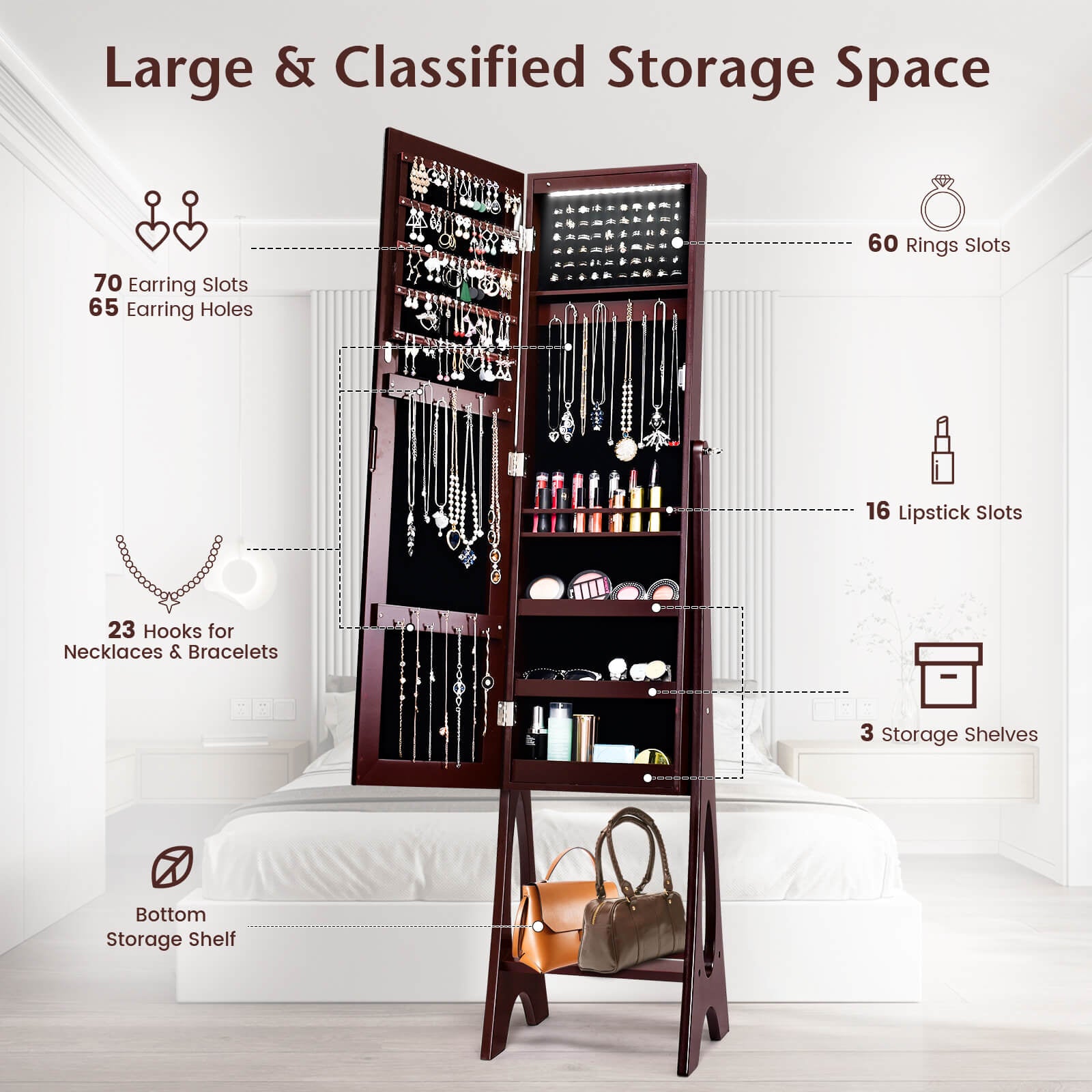 SUGIFT Freestanding Jewelry Cabinet Armoire Organizer with Bevel Edge Mirror