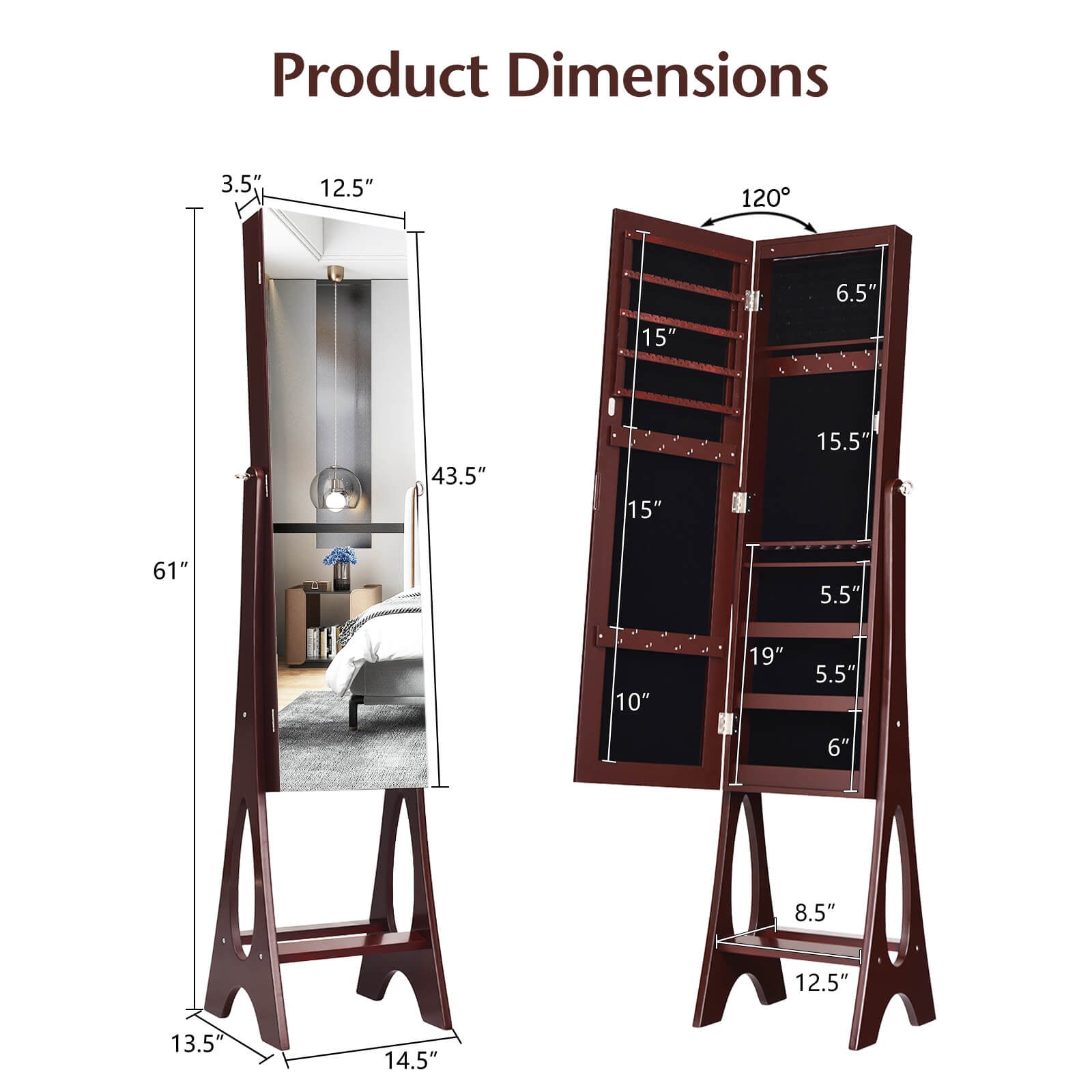 SUGIFT Freestanding Jewelry Cabinet Armoire Organizer with Bevel Edge Mirror
