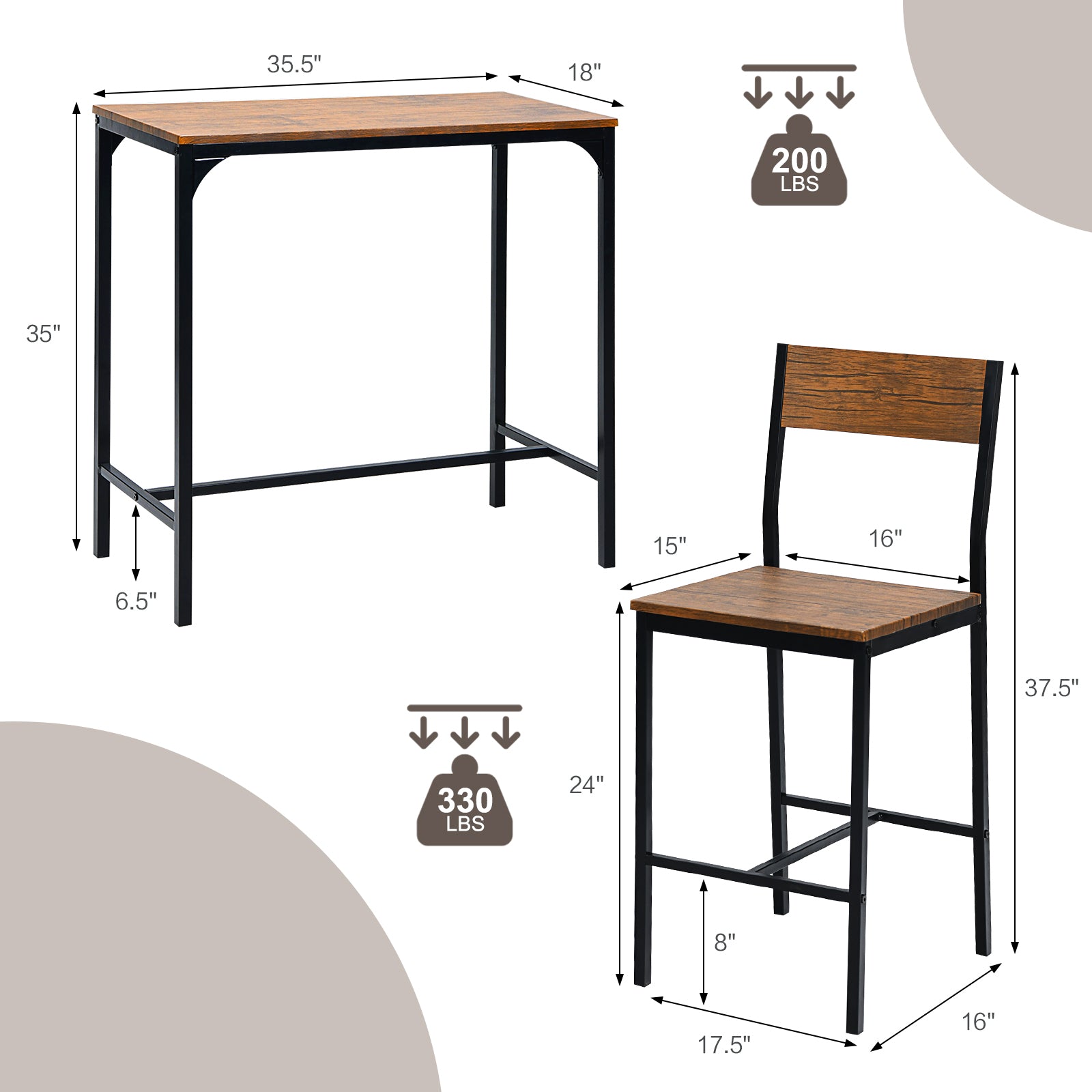 SUGIFT 3 Pieces Bar Table Set with 2 Stools