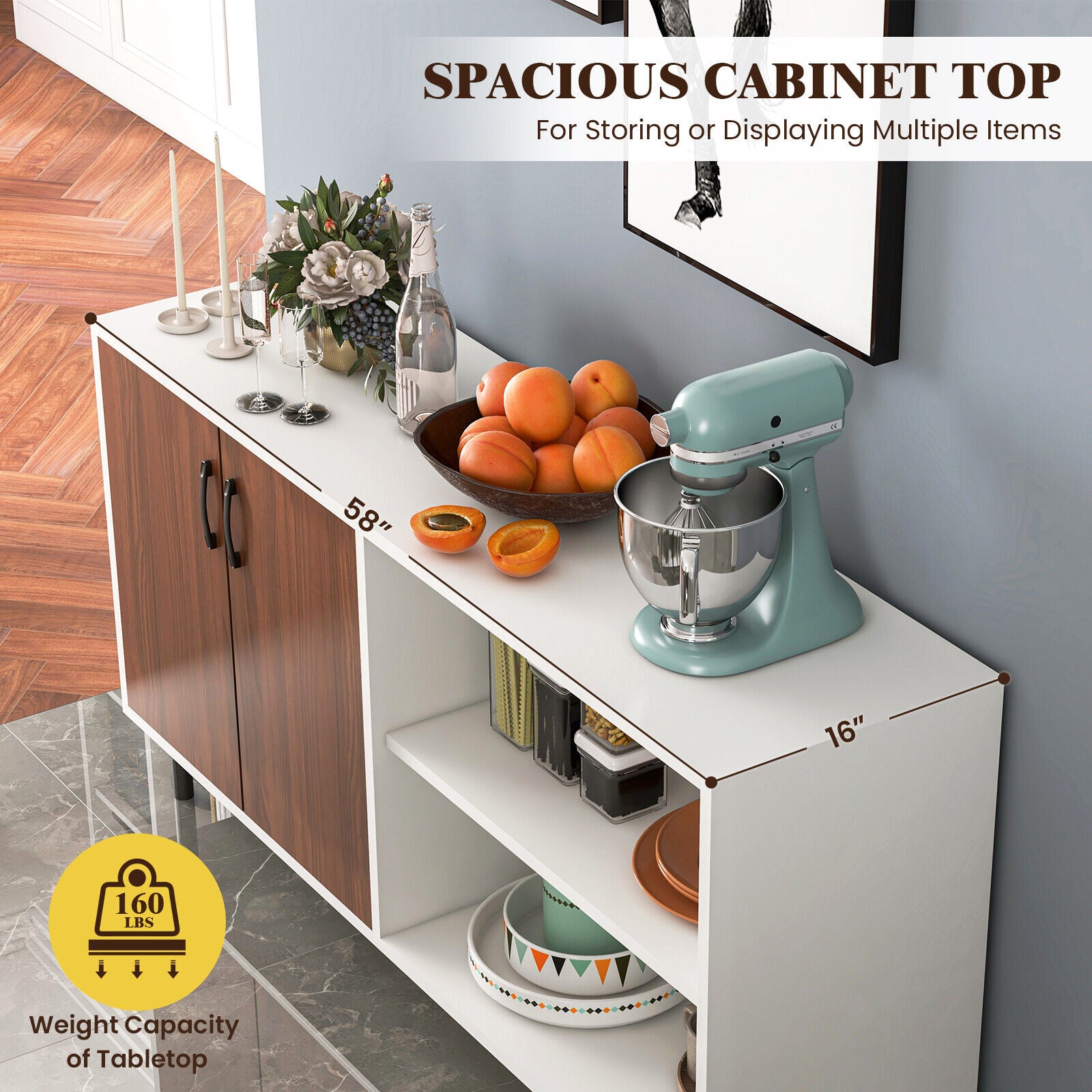 SUGIFT Modern Buffet Sideboard with 2 Doors and Open Compartments