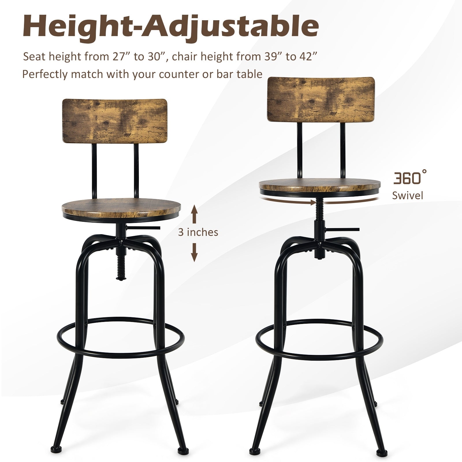 SUGIFT Industrial Adjustable Swivel Bar Stool with Arc-Shaped Backrest