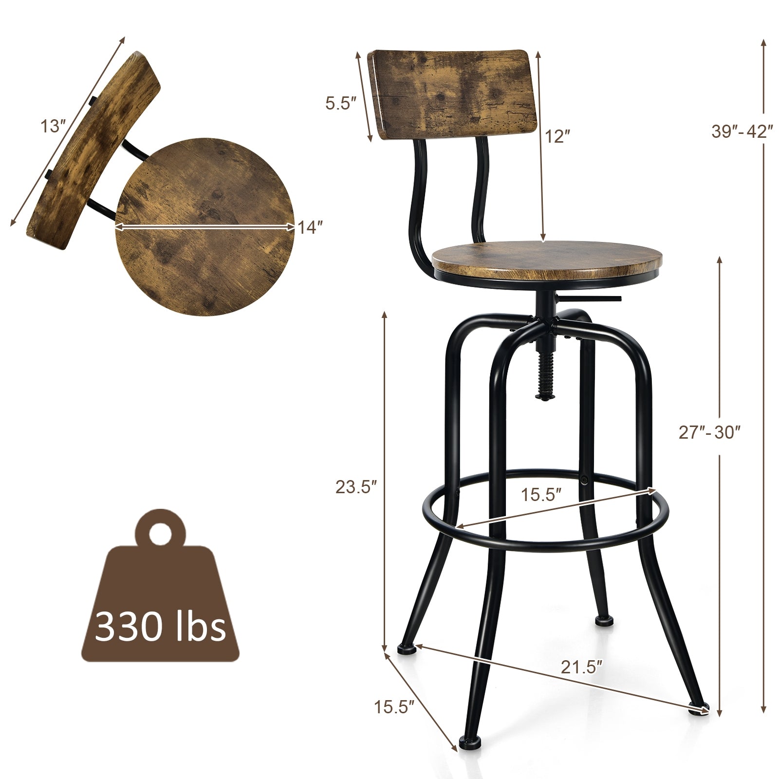 SUGIFT Industrial Adjustable Swivel Bar Stool with Arc-Shaped Backrest