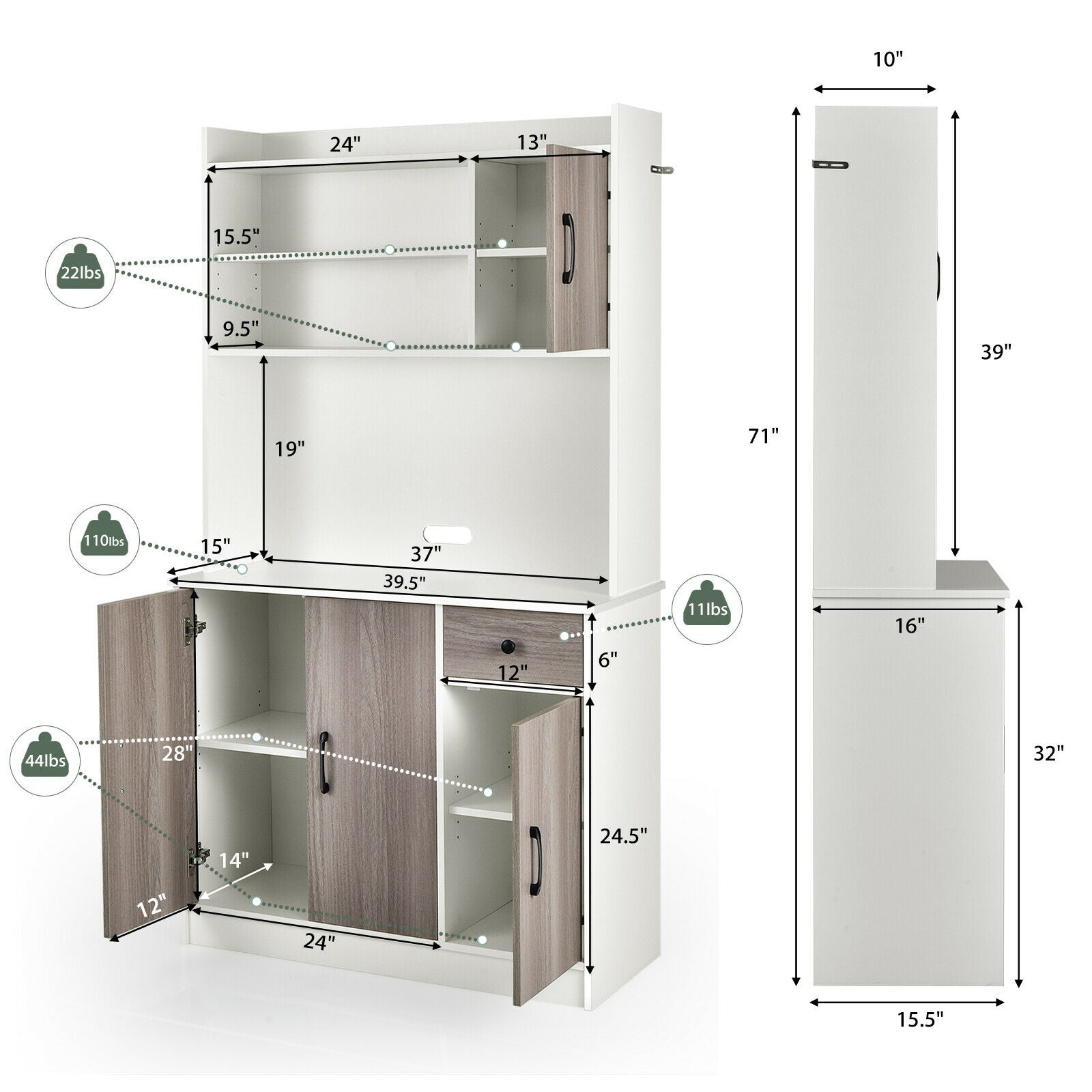 SUGIFT 4-Door Freestanding Kitchen Buffet with Hutch and Adjustable Shelves