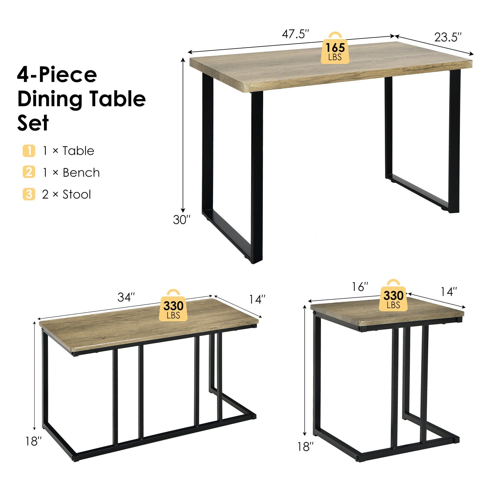 SUGIFT 4 Pieces Industrial Dinette Set with Bench and 2 Stools