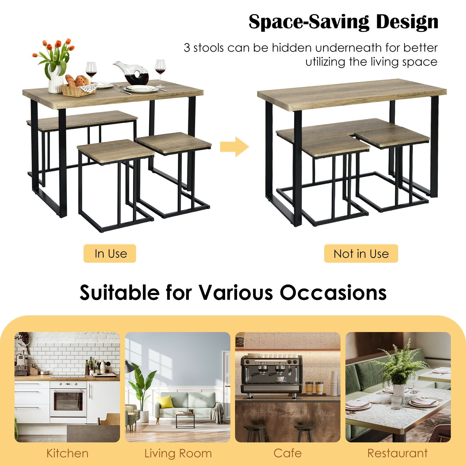 SUGIFT 4 Pieces Industrial Dinette Set with Bench and 2 Stools
