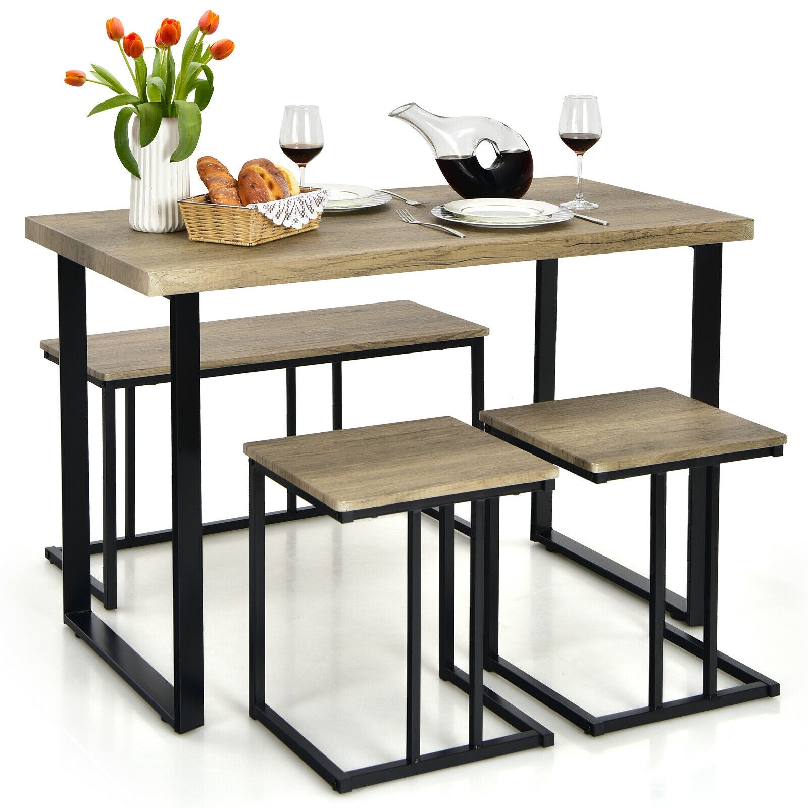SUGIFT 4 Pieces Industrial Dinette Set with Bench and 2 Stools