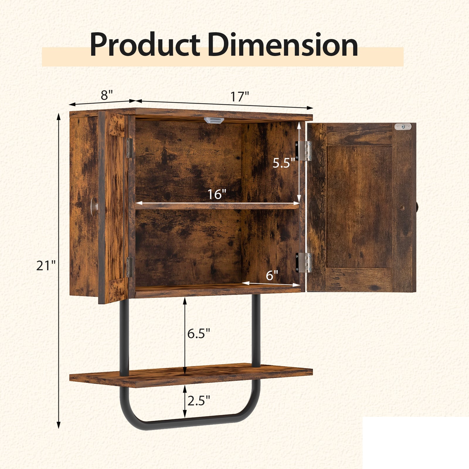 2-Door Bathroom Wall-Mounted Medicine Cabinet with Open Shelf and Towel Rack