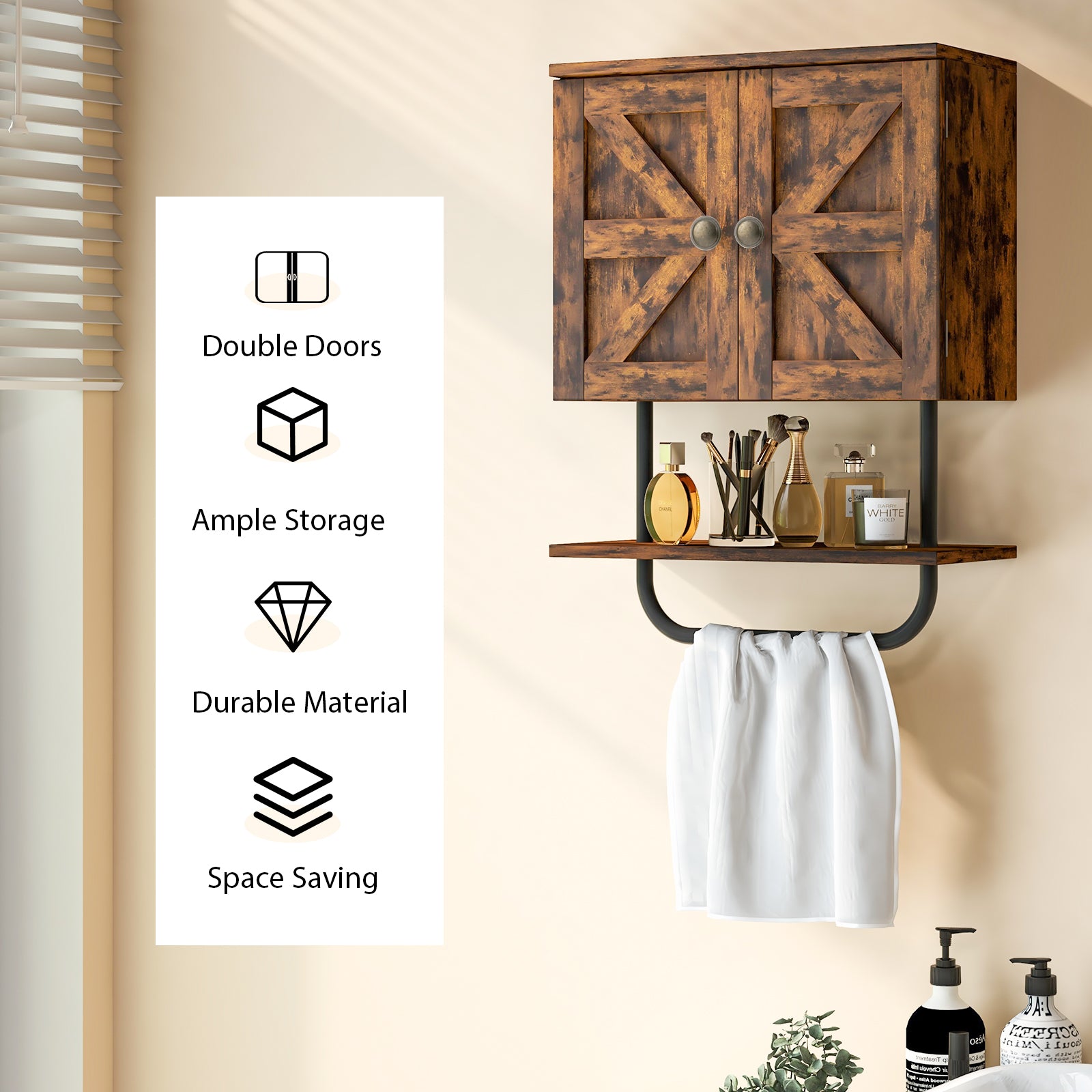 2-Door Bathroom Wall-Mounted Medicine Cabinet with Open Shelf and Towel Rack