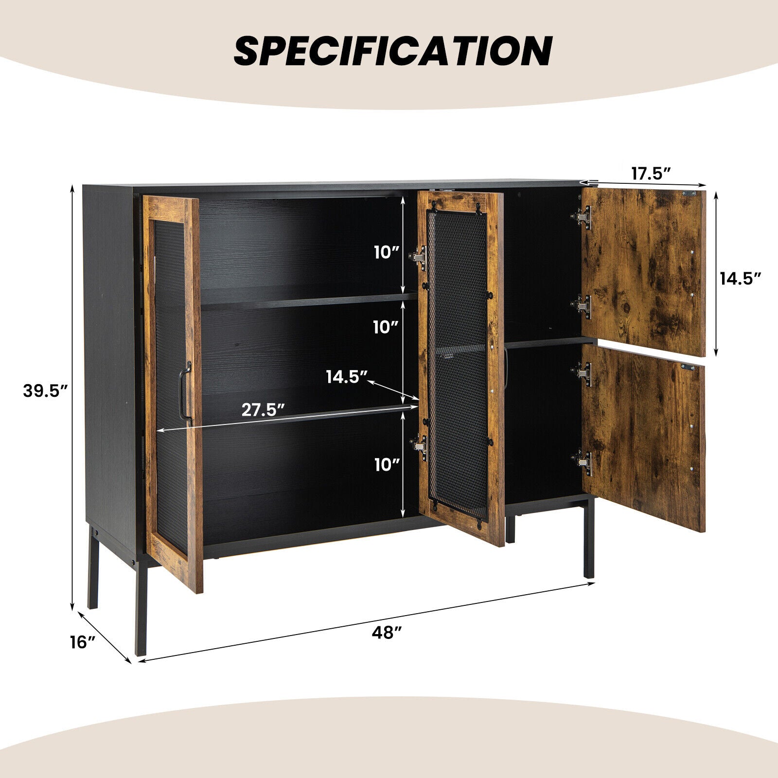 SUGIFT Industrial Kitchen Buffet Sideboard with Metal Mesh Doors and Anti-toppling Device