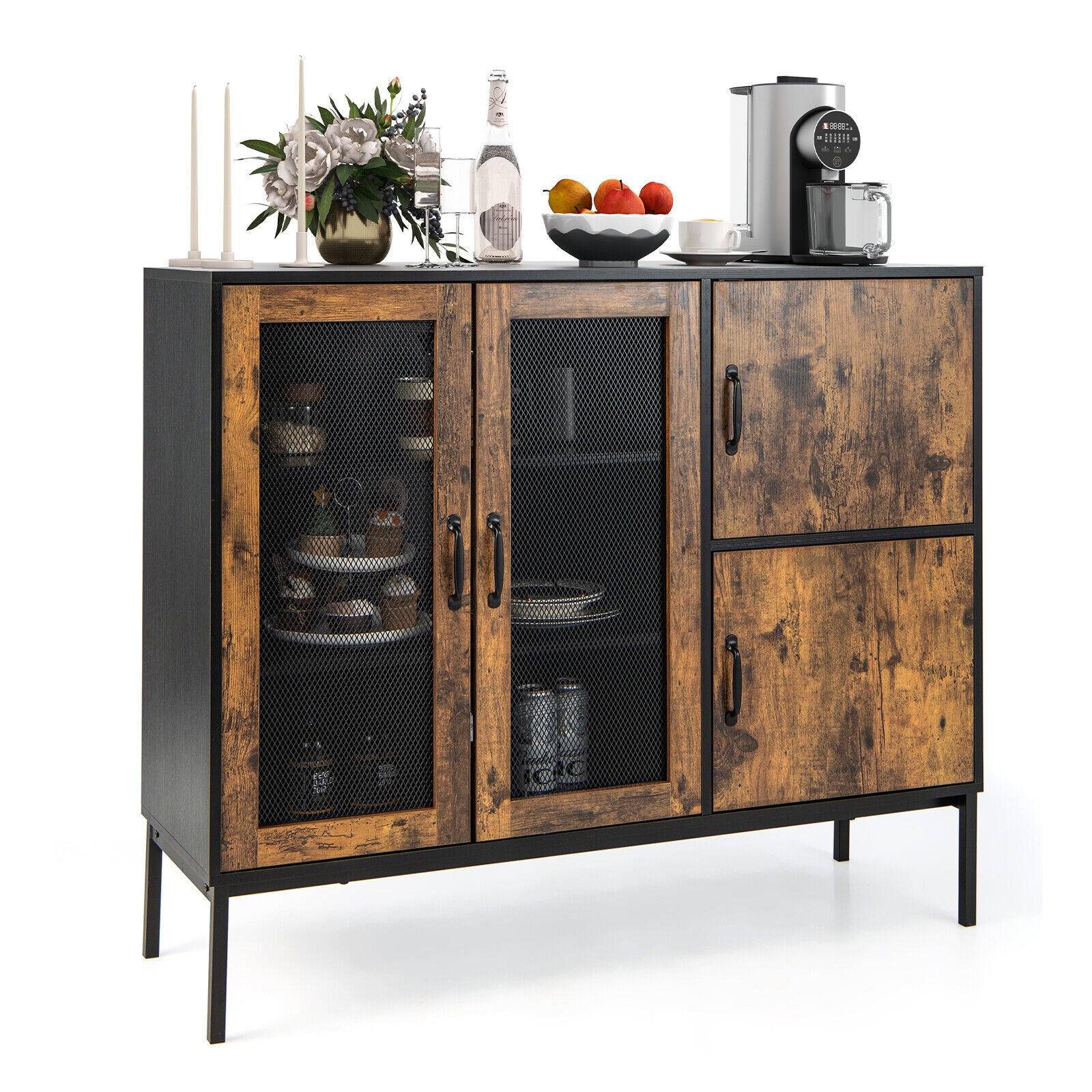 SUGIFT Industrial Kitchen Buffet Sideboard with Metal Mesh Doors and Anti-toppling Device