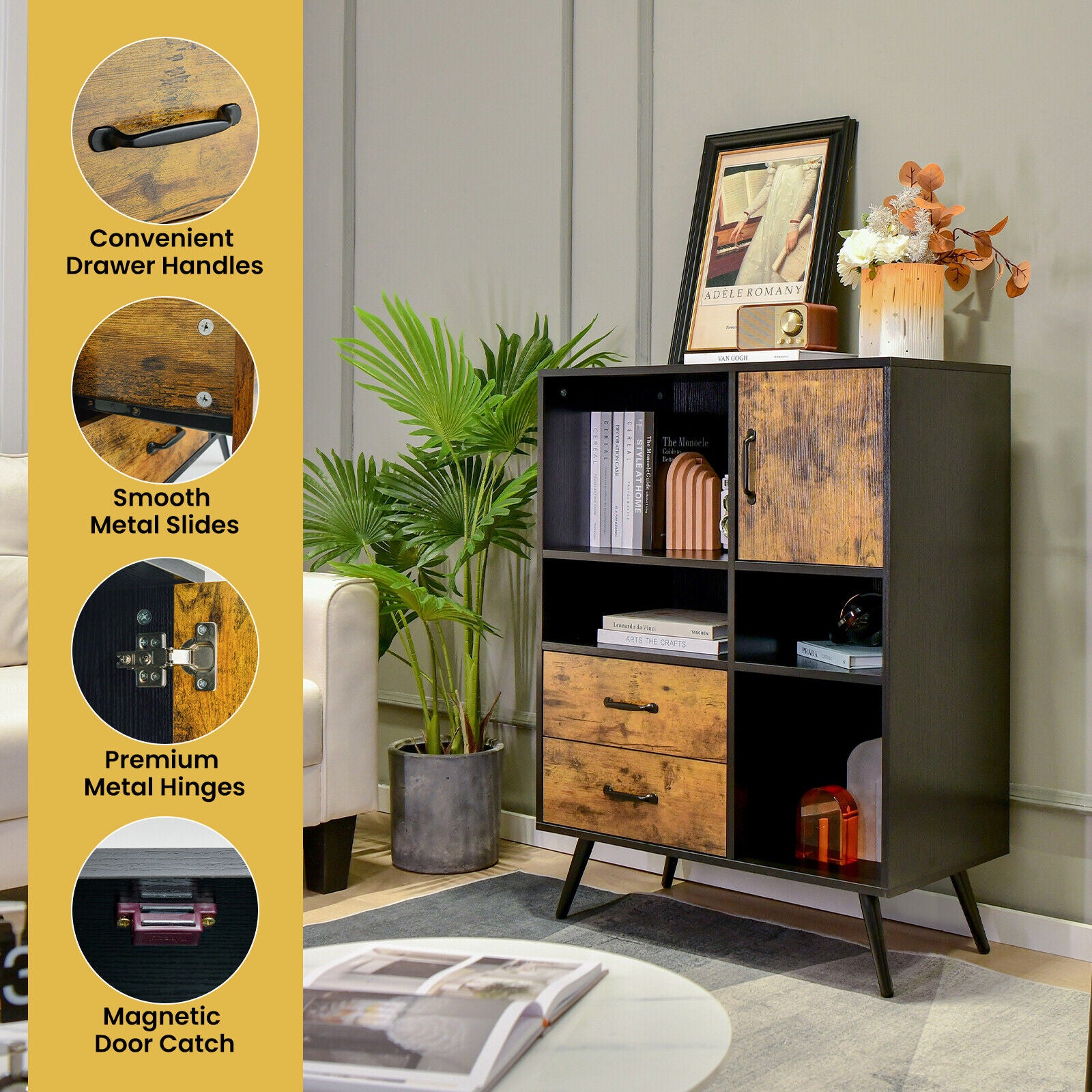 SUGIFT Industrial Buffet Sideboard Kitchen Cupboard with Cubbies Drawers