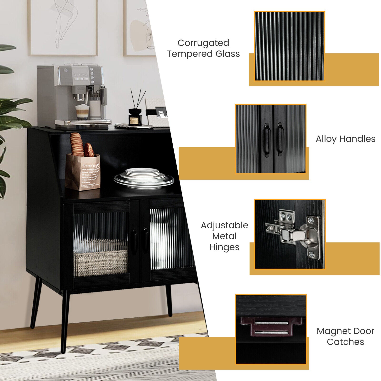 SUGIFT Kitchen Sideboard Buffet with Open Cubby and 2 Glass Doors