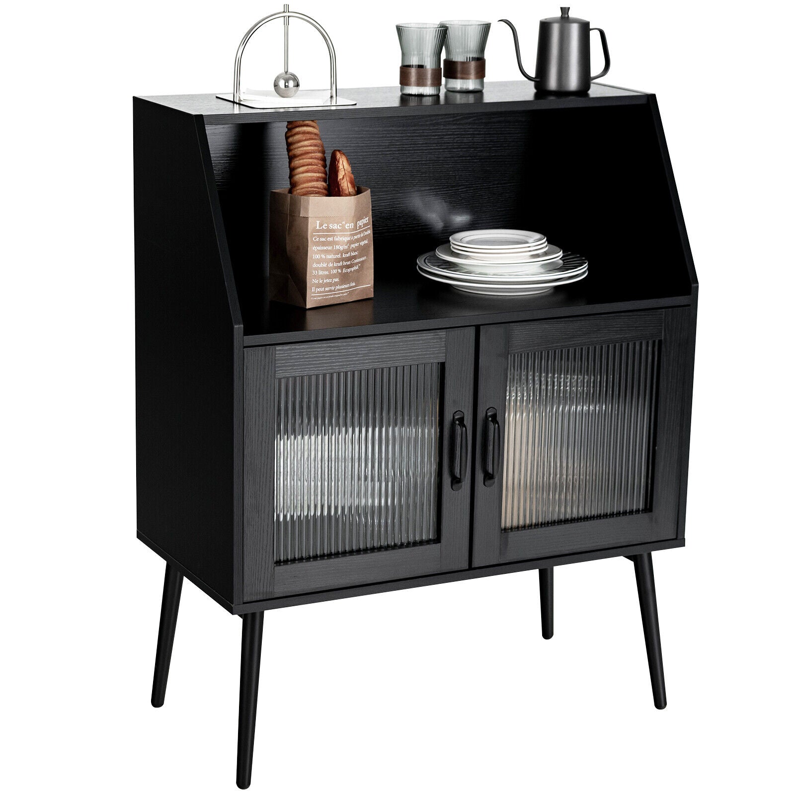 SUGIFT Kitchen Sideboard Buffet with Open Cubby and 2 Glass Doors