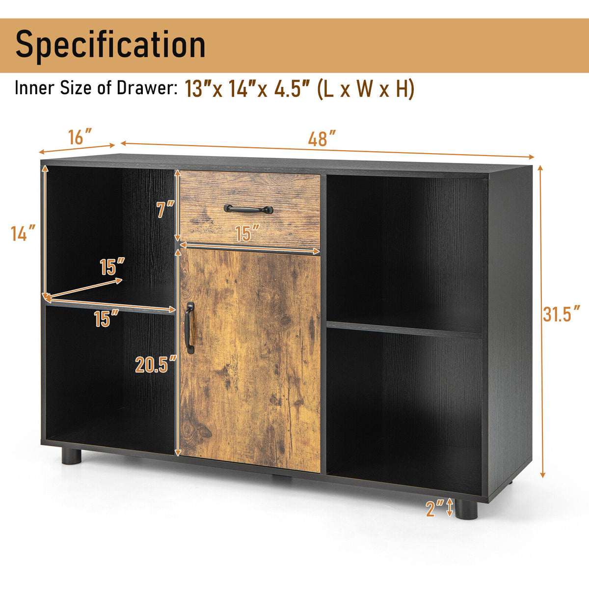 48 Inch Industrial Buffet Sideboard with 4 Open Cubbies – SUGIFT