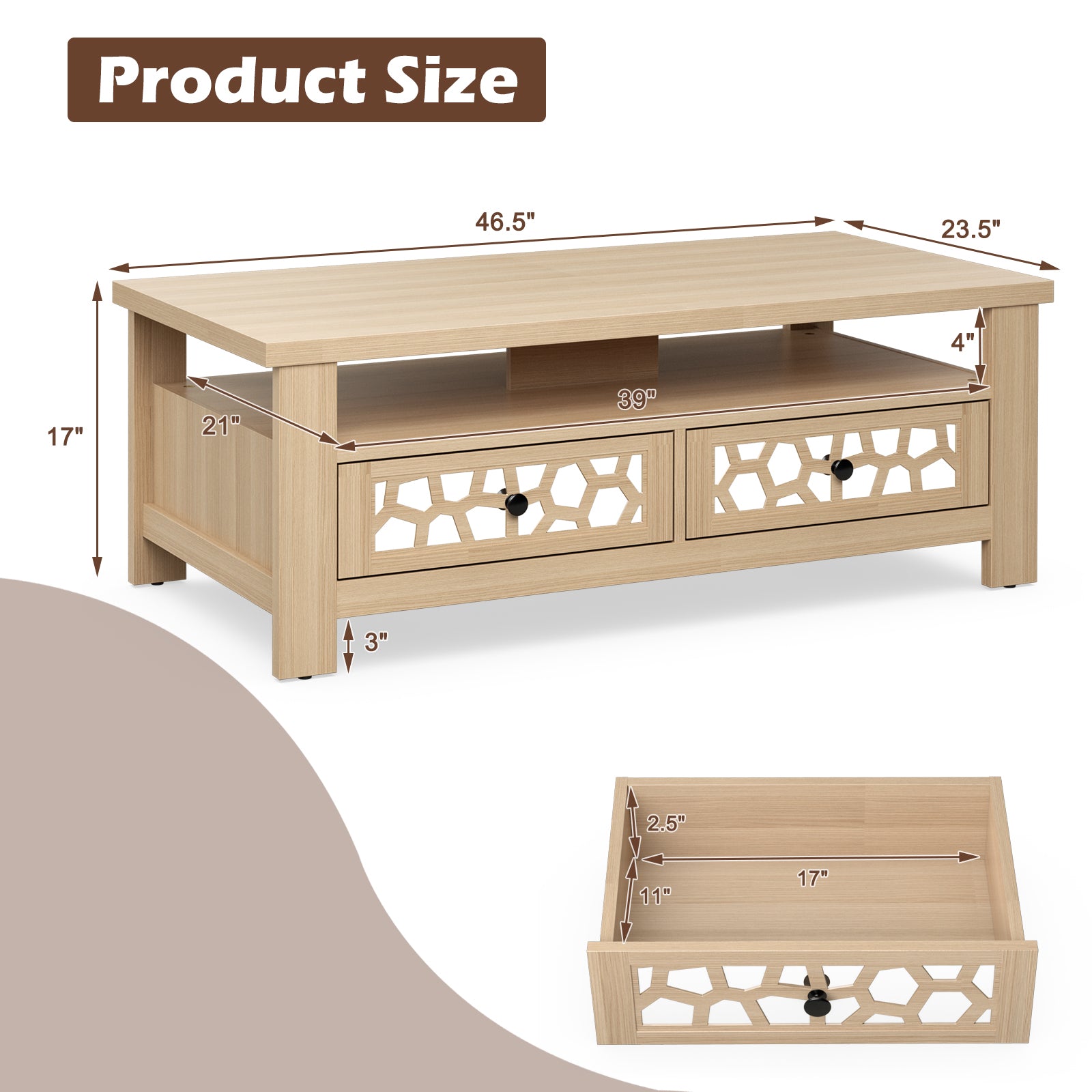 SUGIFT 3-tier Coffee Table with 2 Drawers