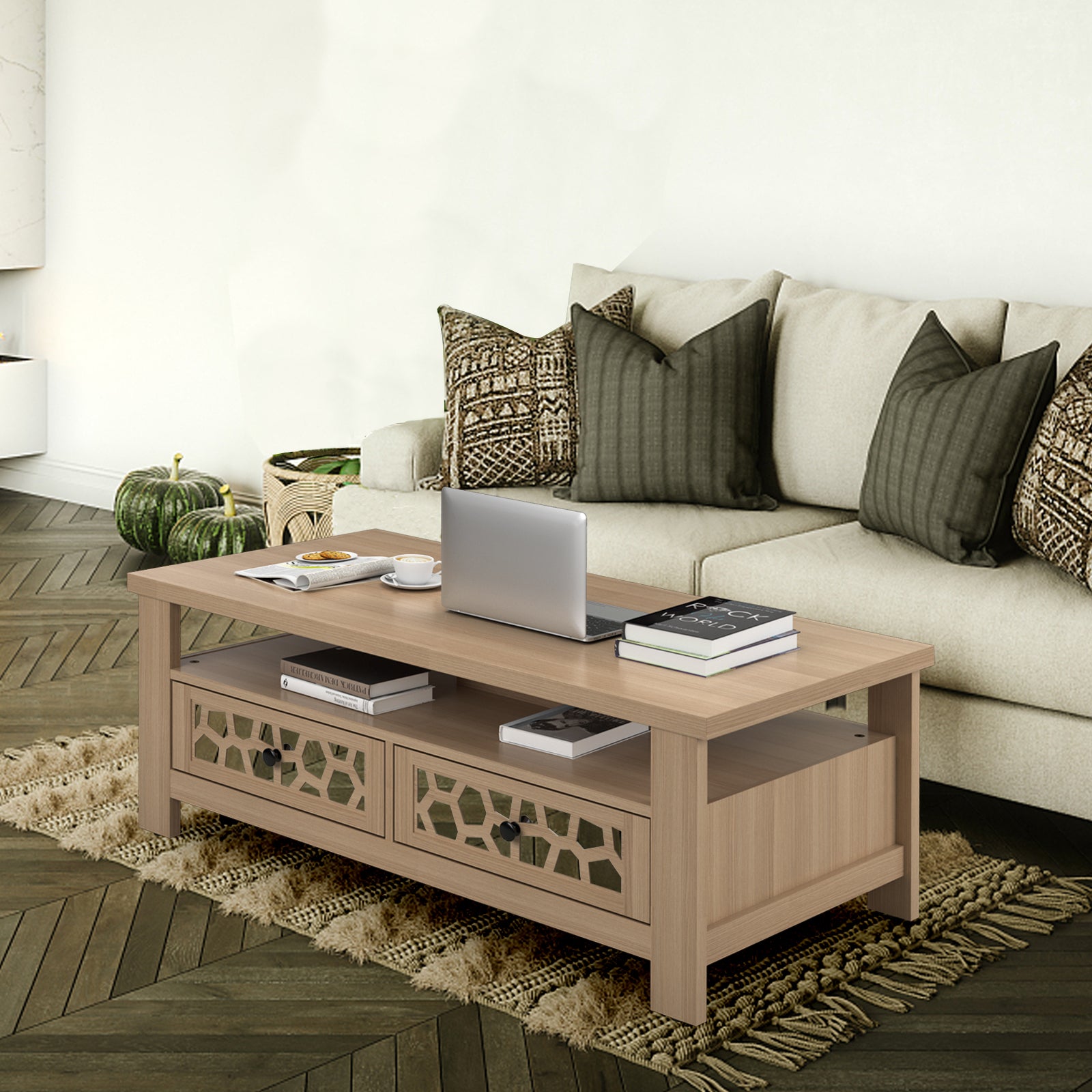 SUGIFT 3-tier Coffee Table with 2 Drawers