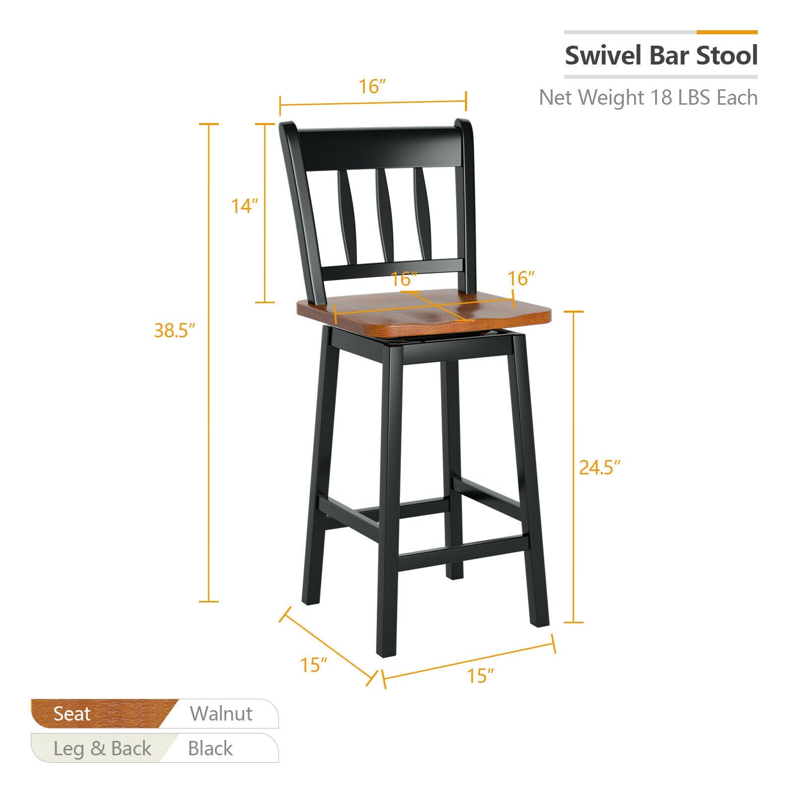 SUGIFT 24.5 Inches Set of 2 Swivel Bar Stools with 360° Swiveling