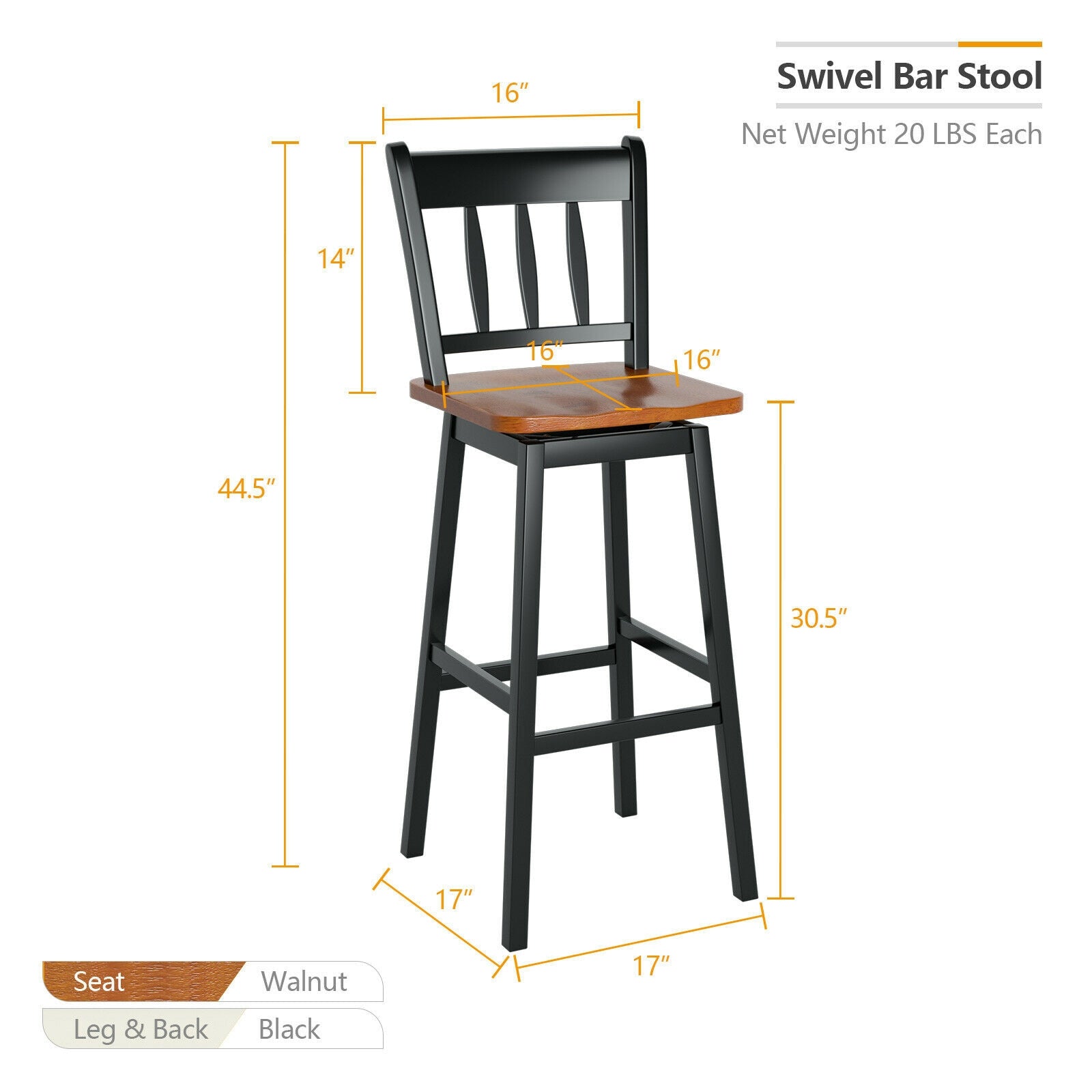 SUGIFT 30.5 Inch Set of 2 Swivel Bar Stools with 360° Swiveling