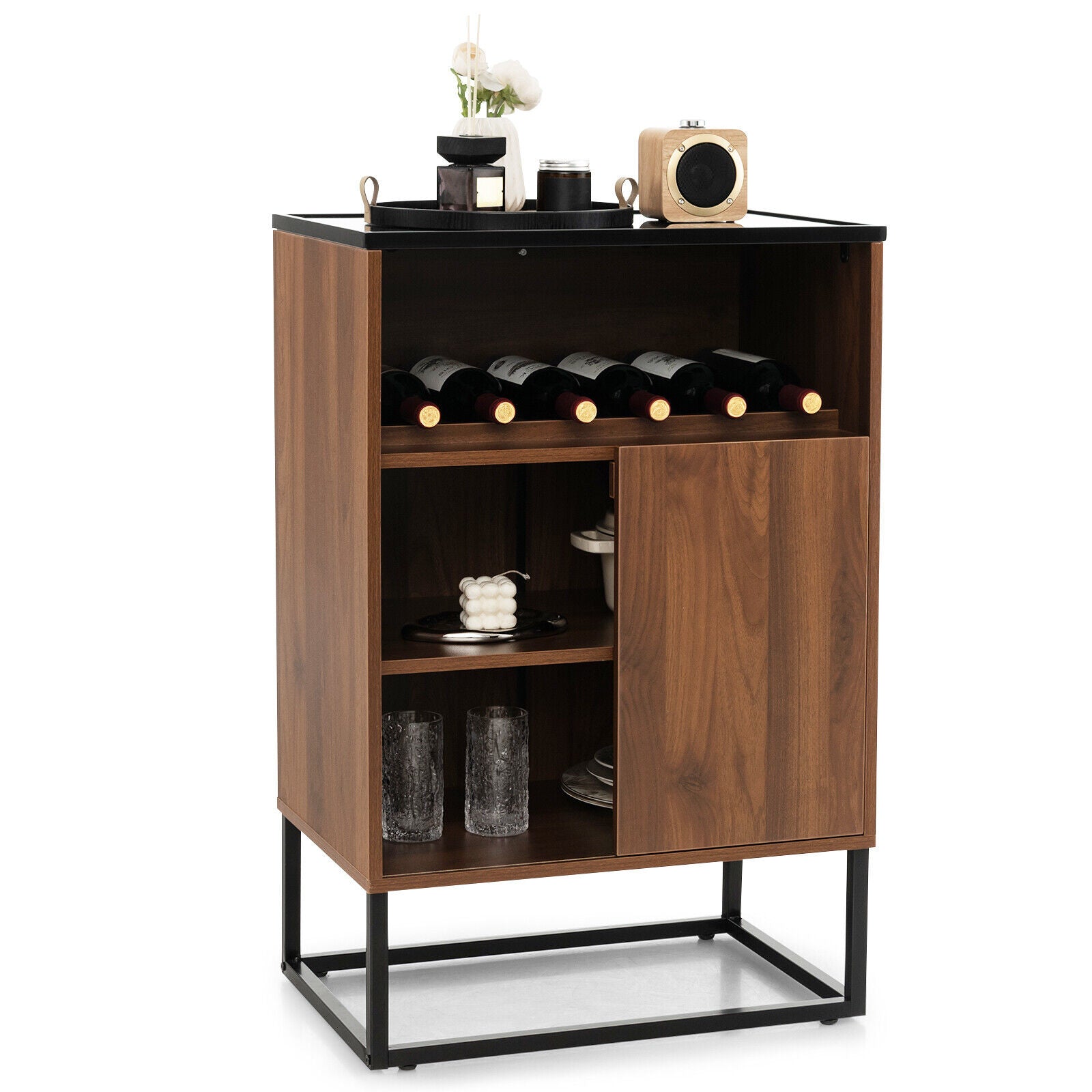 SUGIFT Wine Storage Cabinet Buffet Sideboard with Adjustable Shelf and Sliding Door