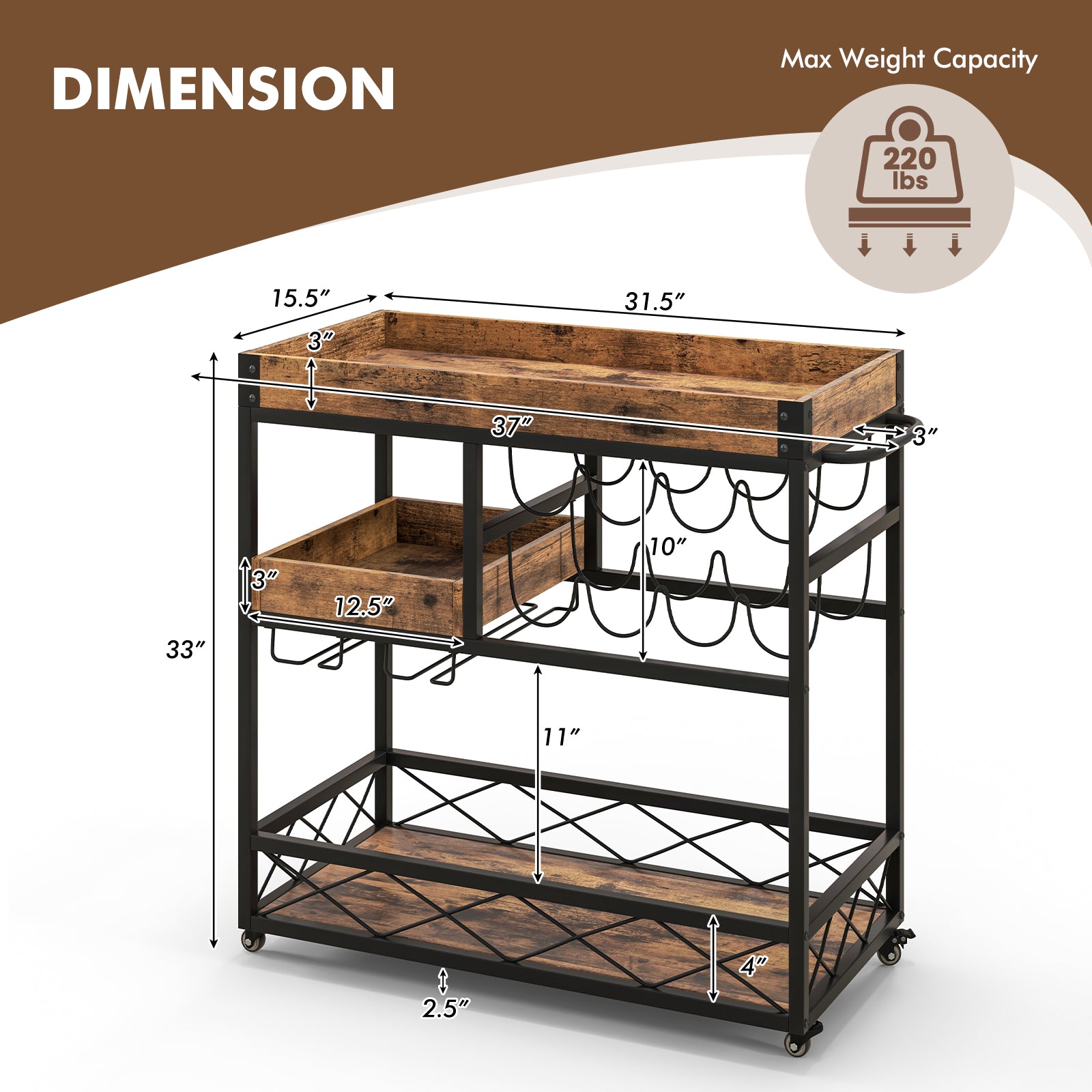 3-Tier Rolling Bar Cart with Removable Tray and Wine Rack