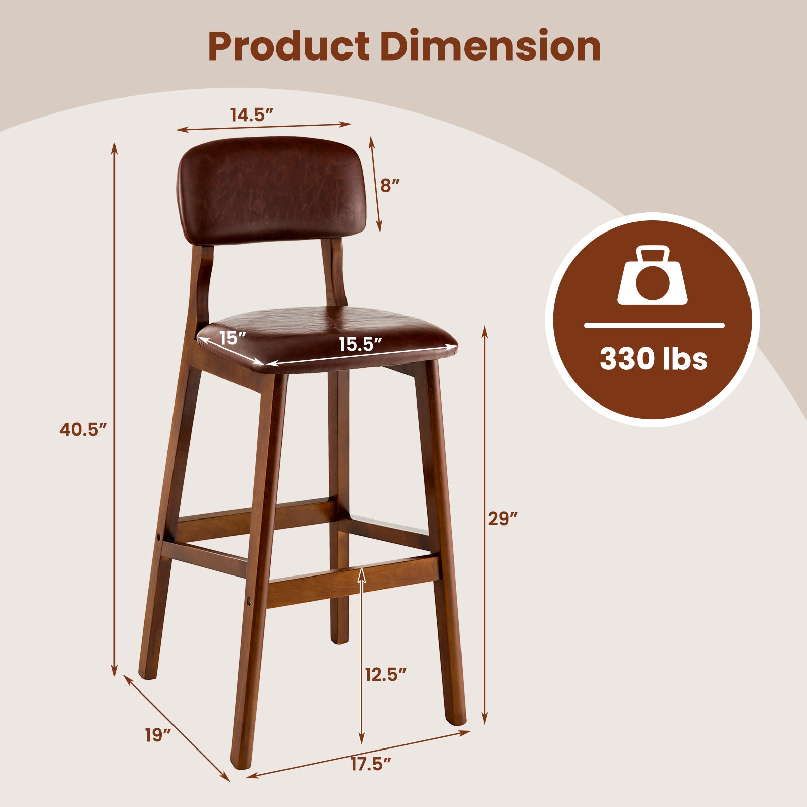 SUGIFT 29 Inch Upholstered PU Bar Stools with Rubber Wood Legs