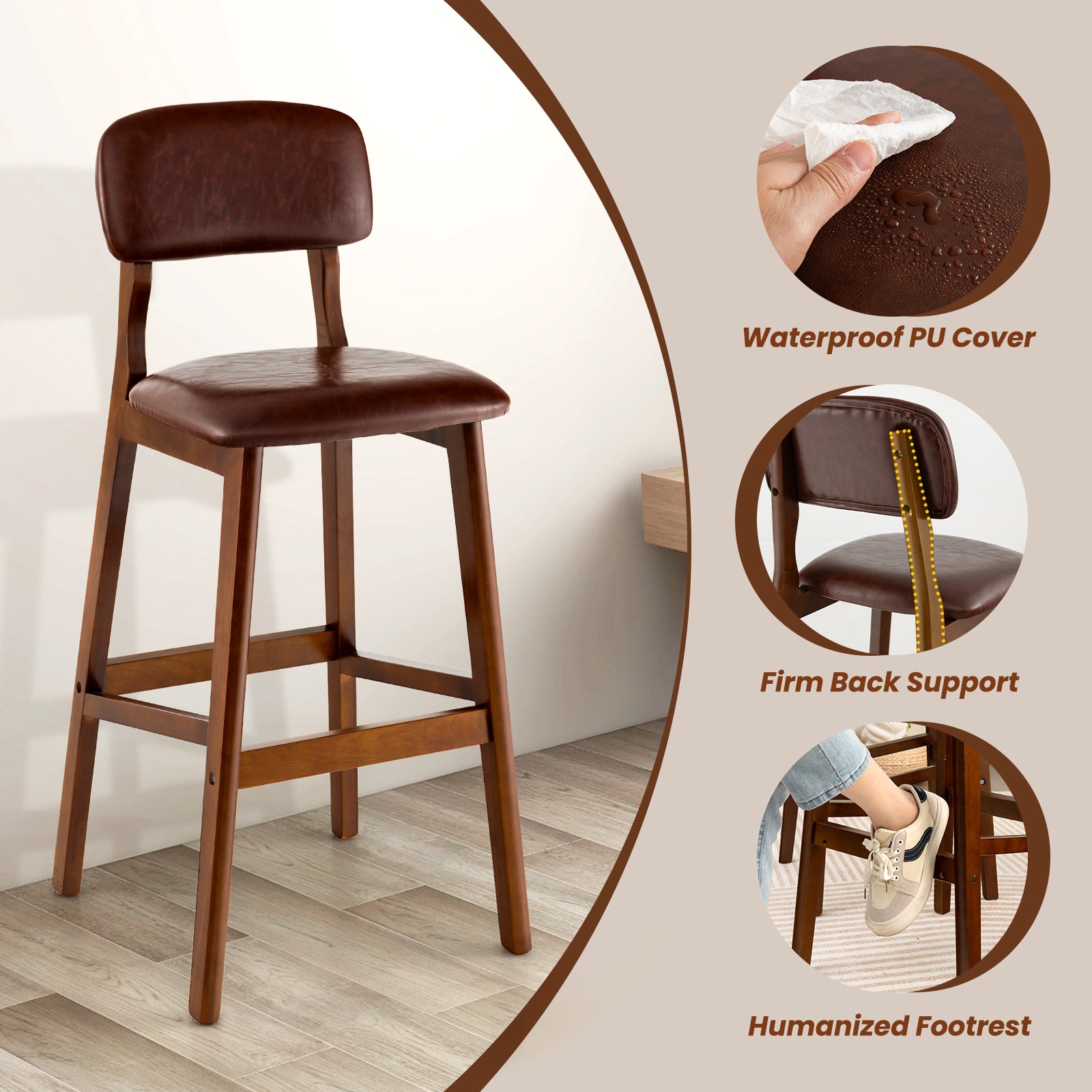 SUGIFT 29 Inch Upholstered PU Bar Stools with Rubber Wood Legs