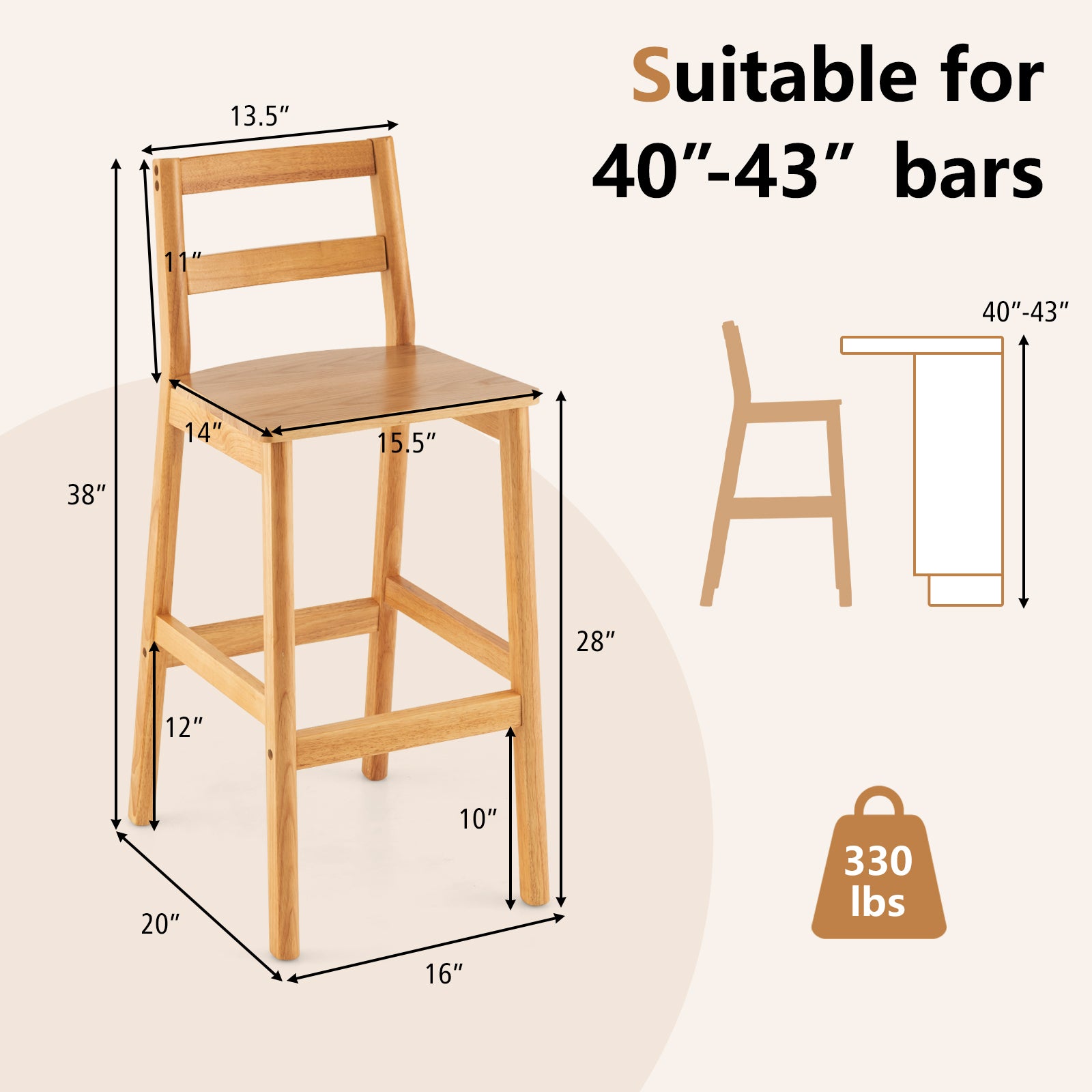 SUGIFT Set of 2 28 Inch Rubber Wood Armless Bar Stools with Backrest and Footrest
