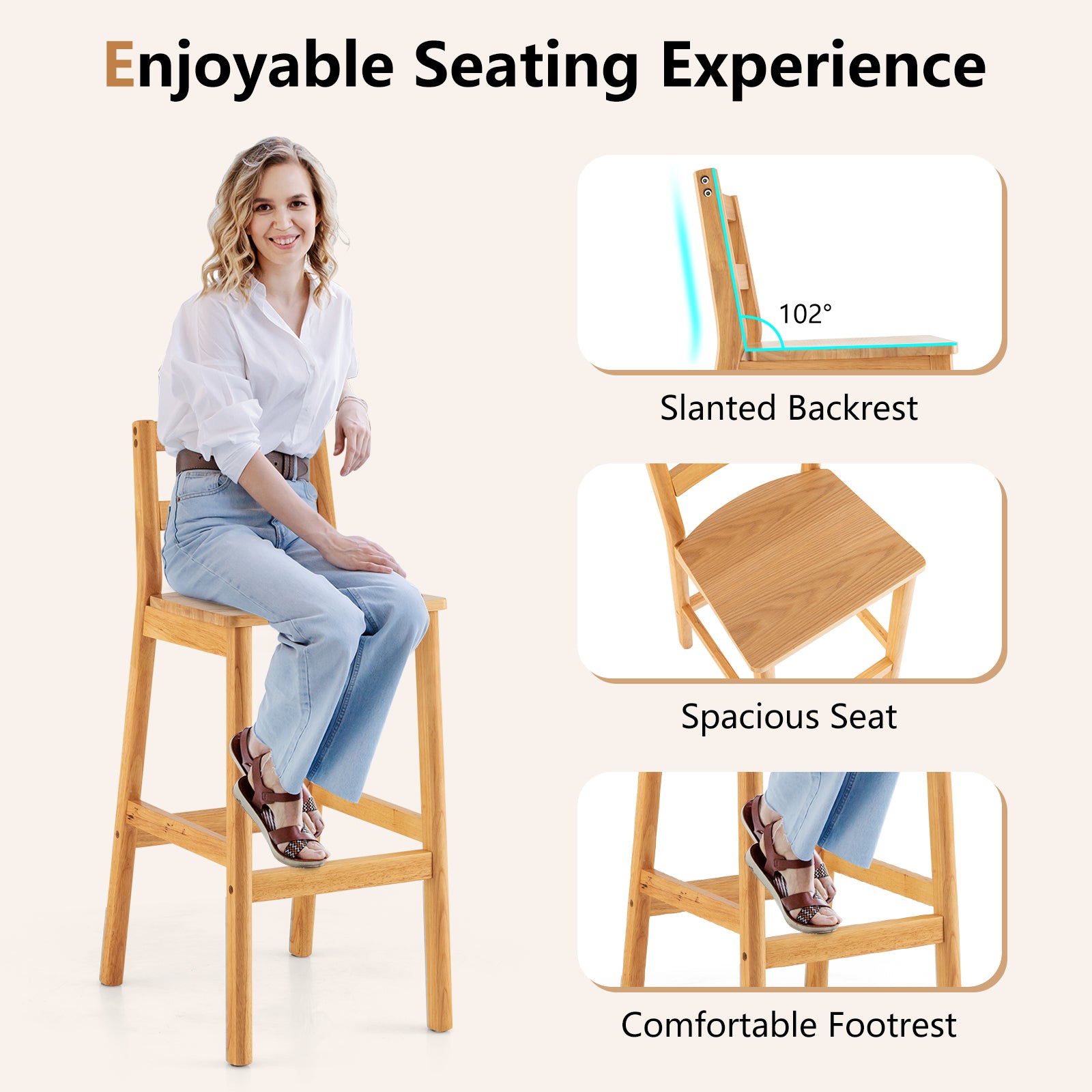 SUGIFT Set of 2 28 Inch Rubber Wood Armless Bar Stools with Backrest and Footrest