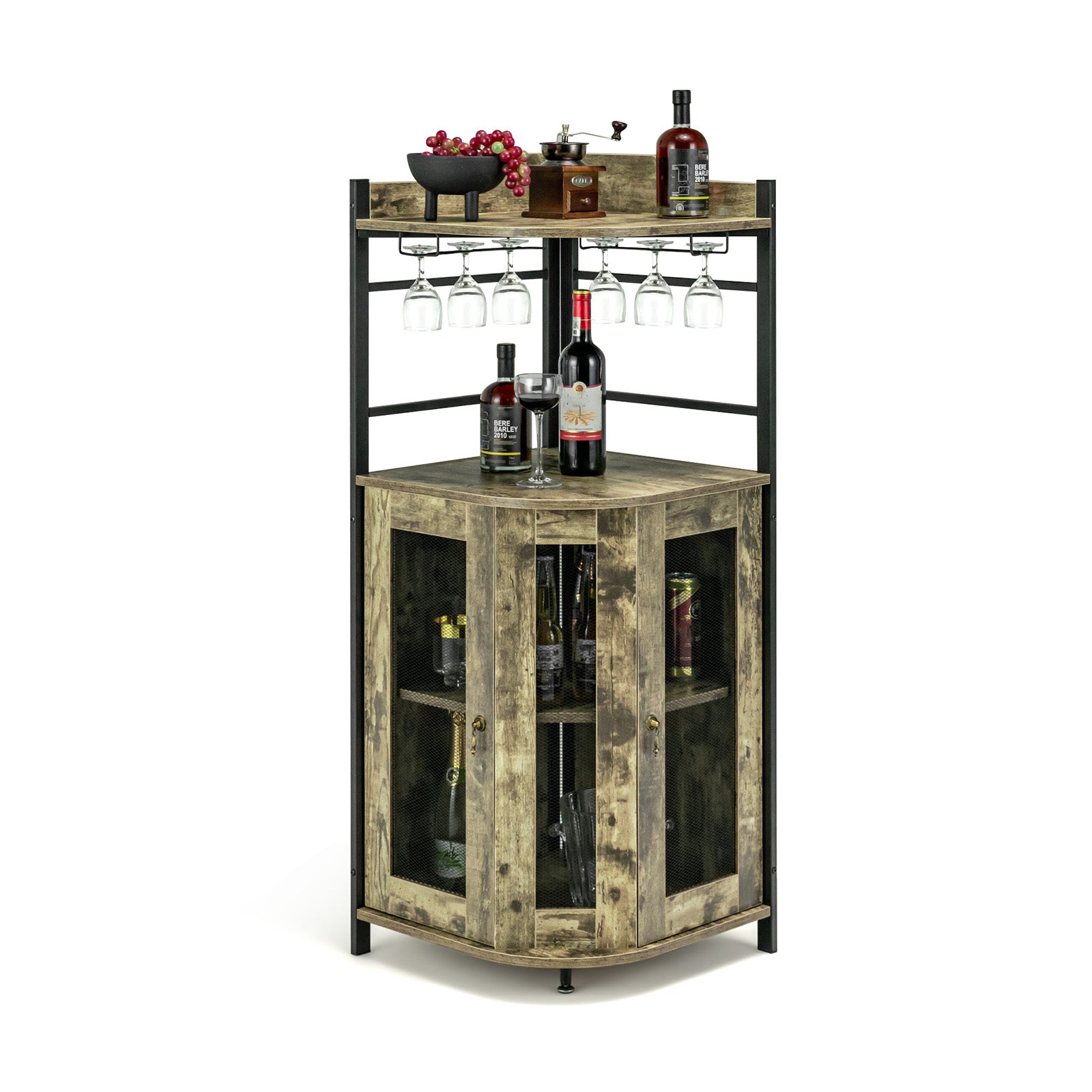SUGIFT Industrial Corner Bar Cabinet with Glass Holder and Adjustable Shelf