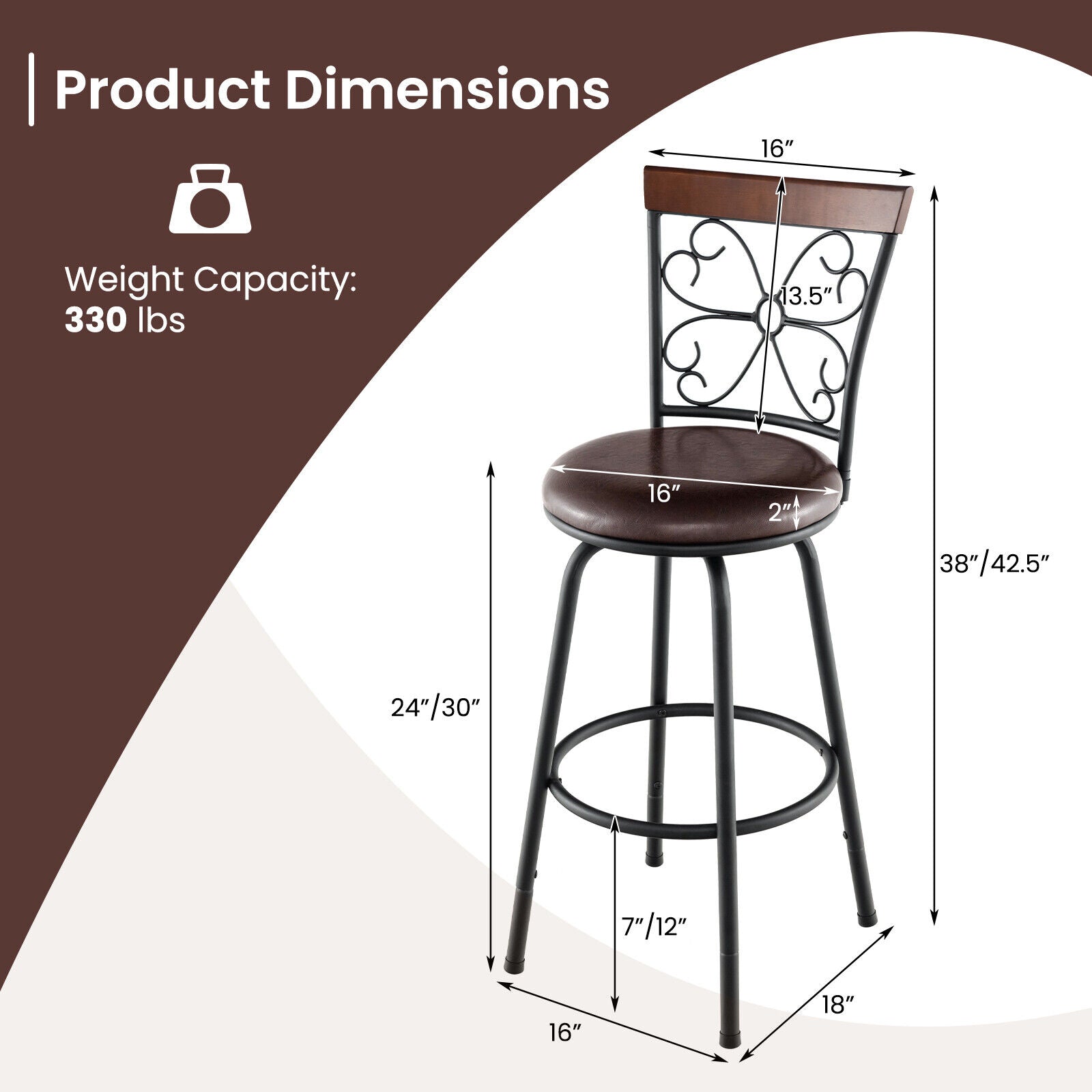 SUGIFT 2 Pieces 24-30 Inch Adjustable PU Cushioned Swivel Barstools