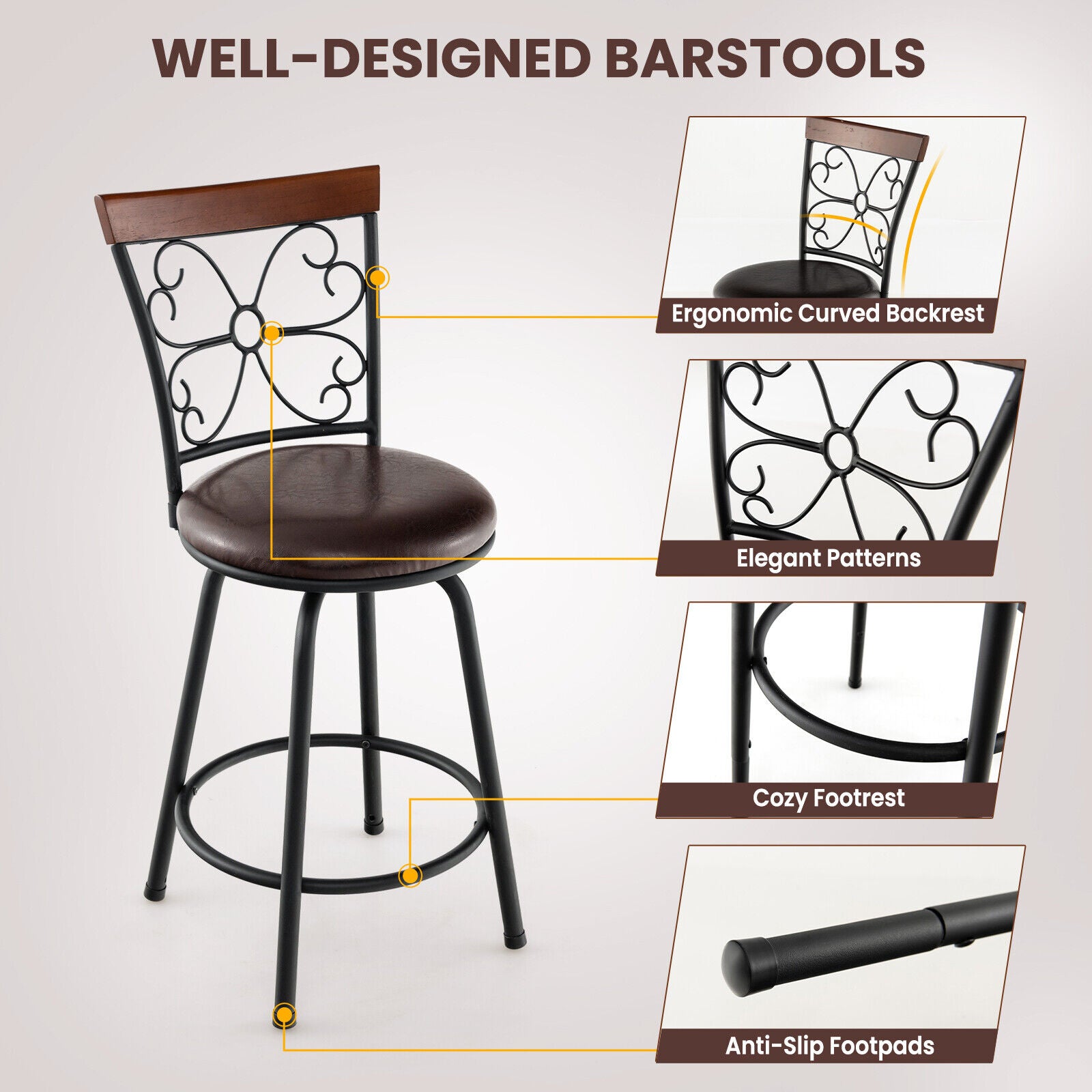 SUGIFT 2 Pieces 24-30 Inch Adjustable PU Cushioned Swivel Barstools