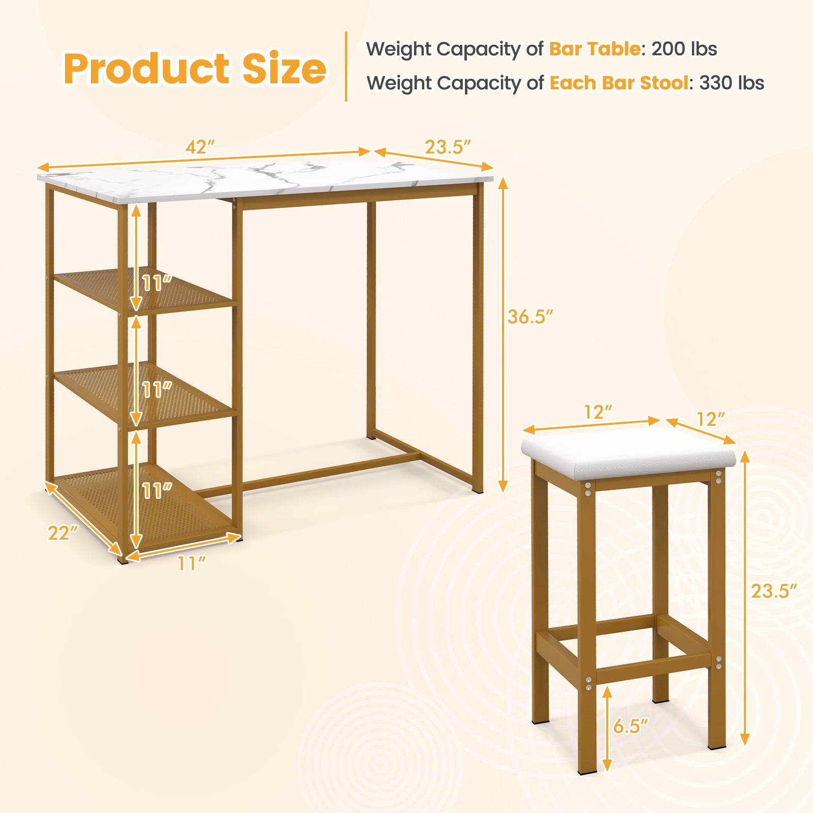 3 Pieces Gold Bar Table Set for 2 with 3-Tier Storage Shelves