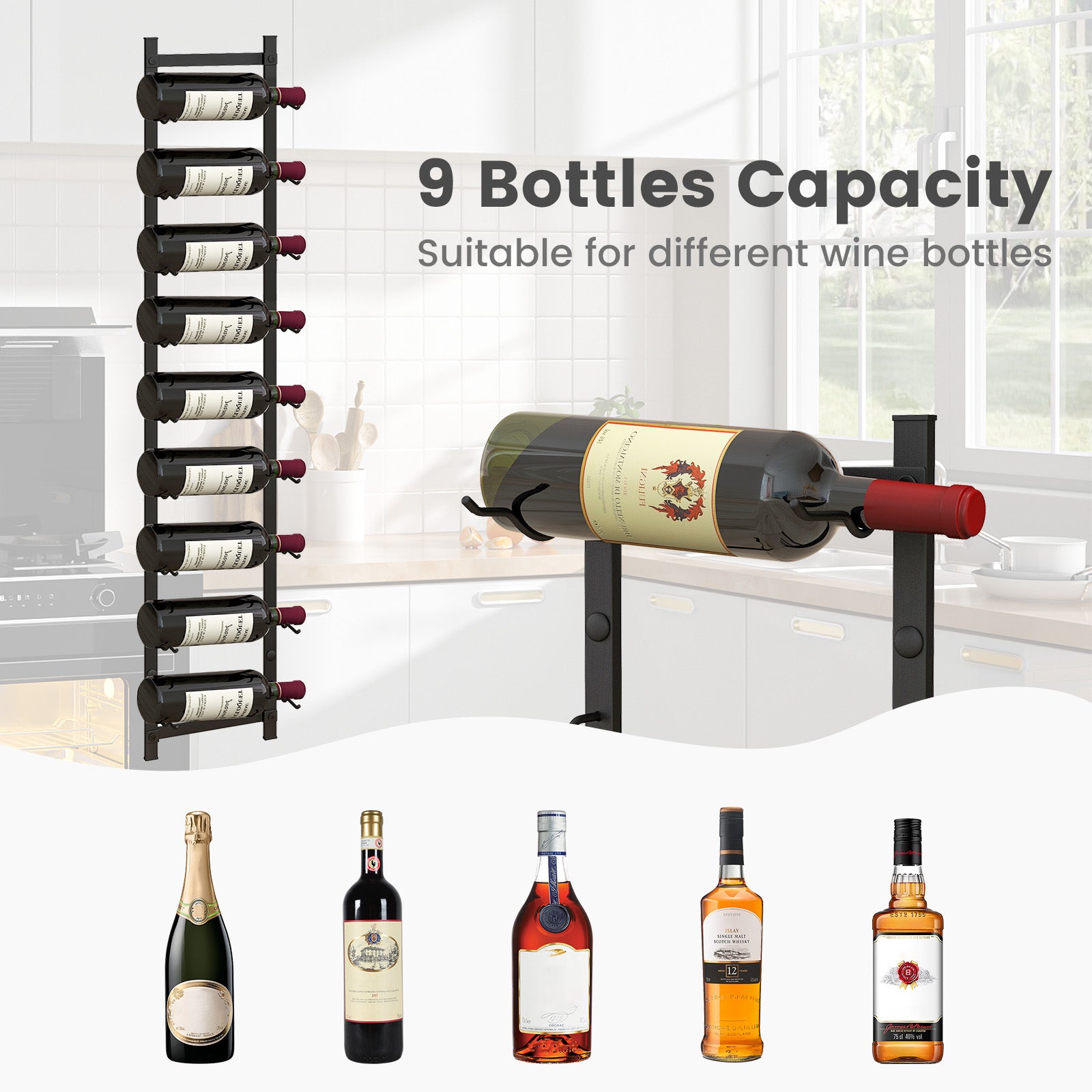 9-Bottle Rustproof Wall-Mounted Wine Rack