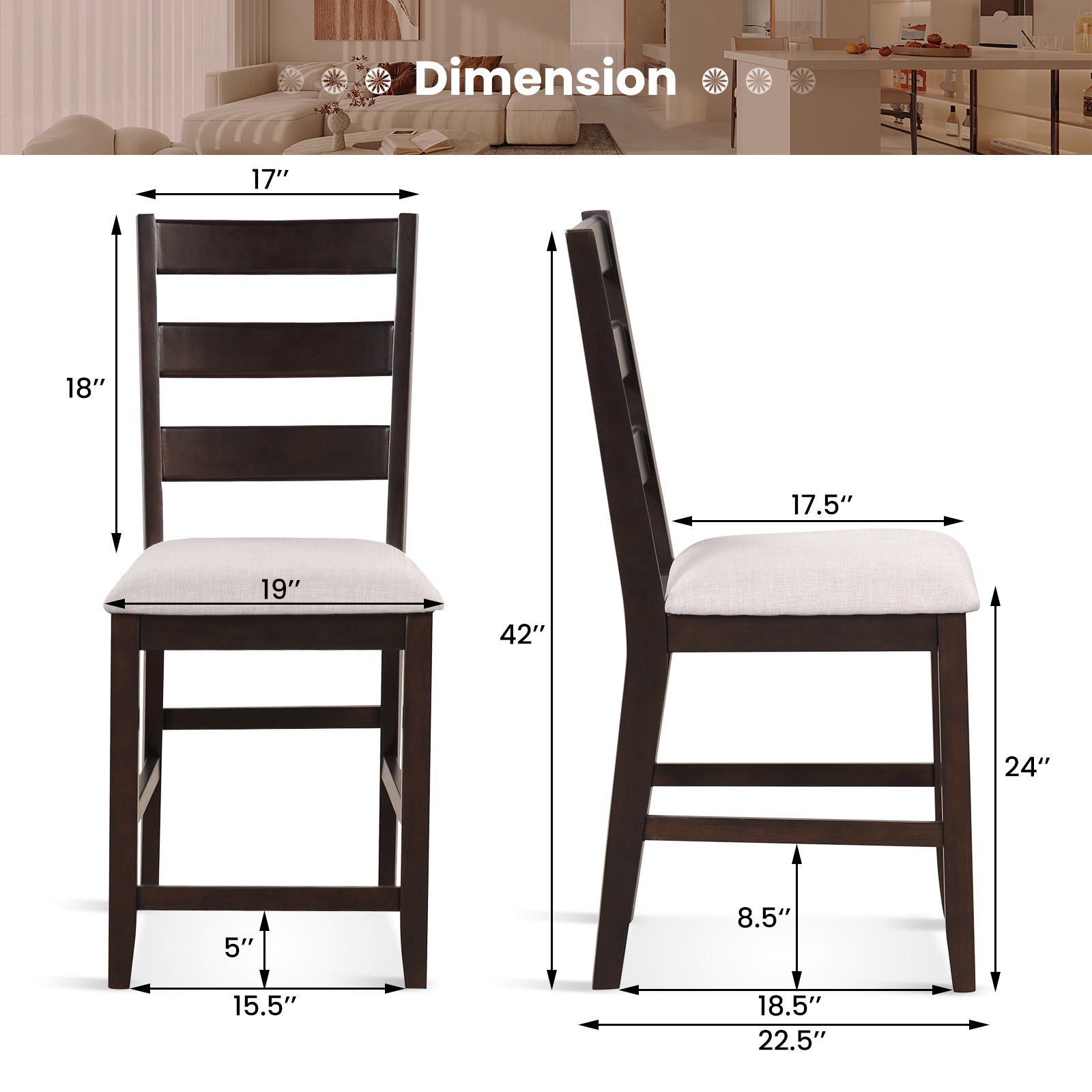 SUGIFT 2 Piece Counter Height Bar Stool Set with Padded Seat and Rubber Wood Legs