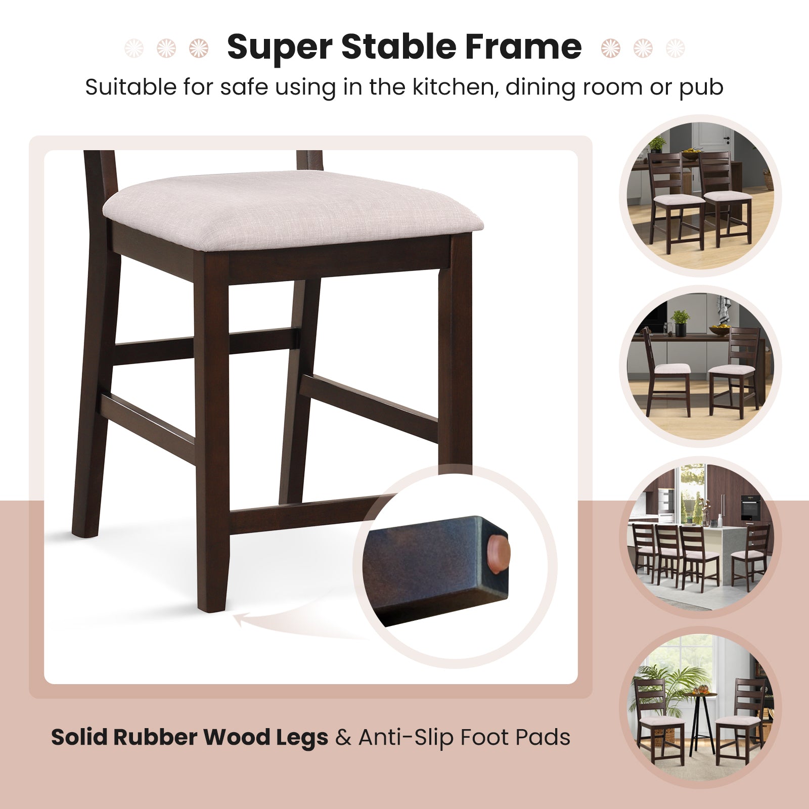 SUGIFT 2 Piece Counter Height Bar Stool Set with Padded Seat and Rubber Wood Legs