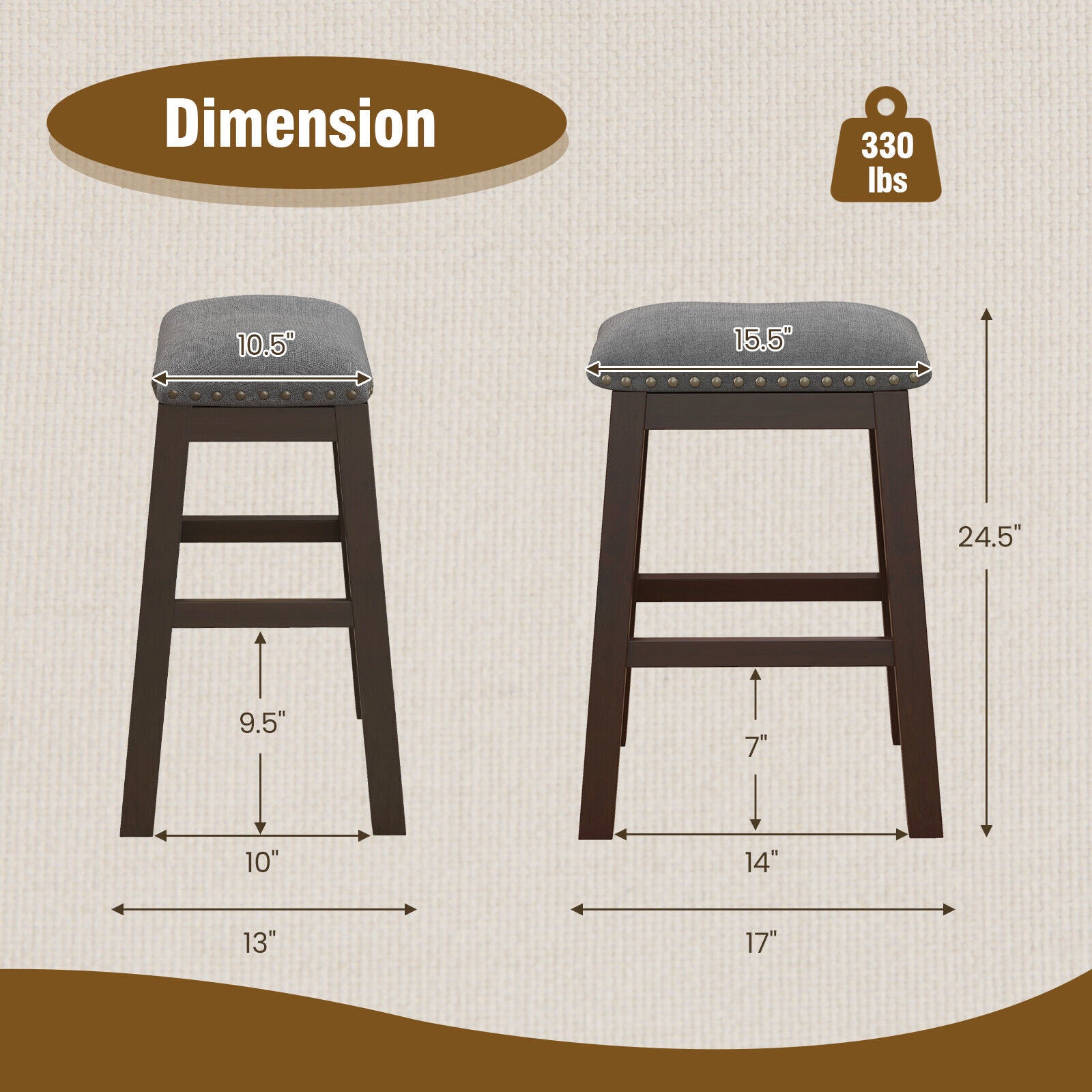 SUGIFT 2 Piece 24.5 Inch Counter Height Bar Stool Set with Padded Seat