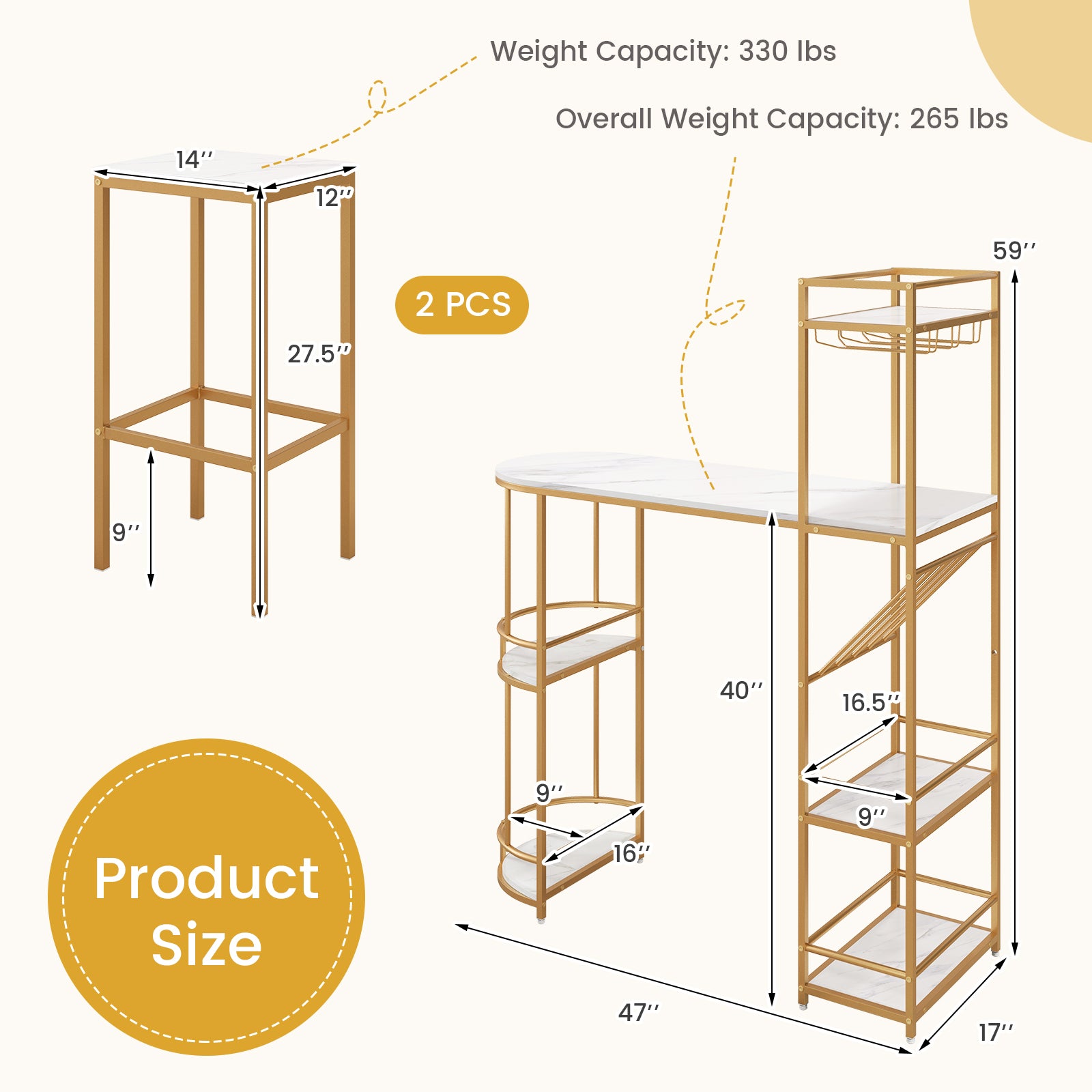 3 Pieces Bar Table Set with Storage Shelves and Wine Rack