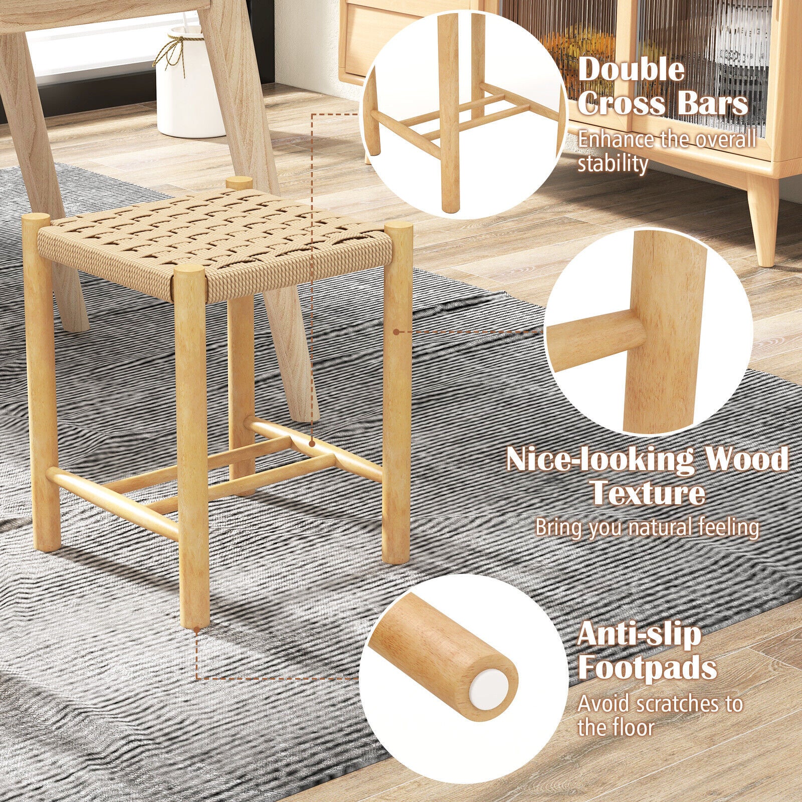 SUGIFT Dining Stool Set of 2 with Rubber Wood Frame