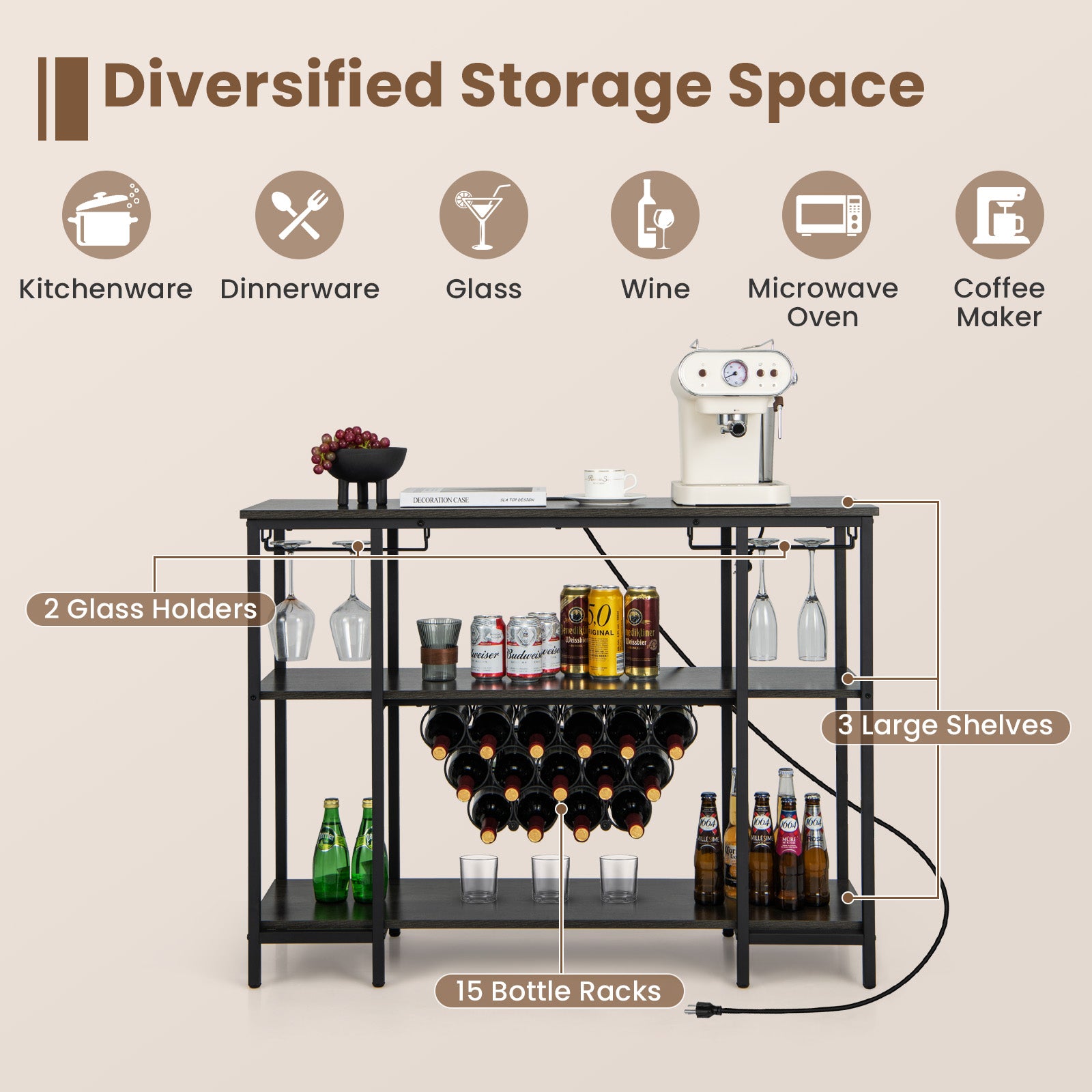 SUGIFT Industrial Wine Rack Wine Bar Cabinet with Storage Shelves