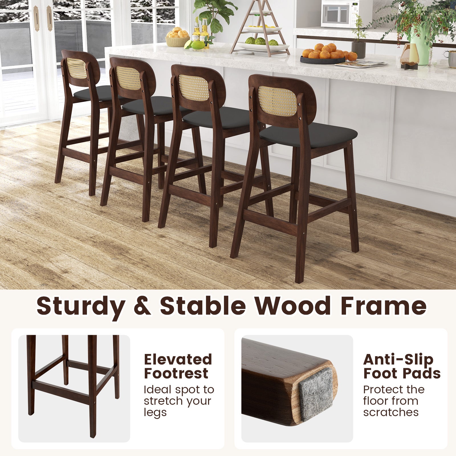 SUGIFT Wood Bar Chairs with PE Rattan Backrest Padded Seat and Footrest